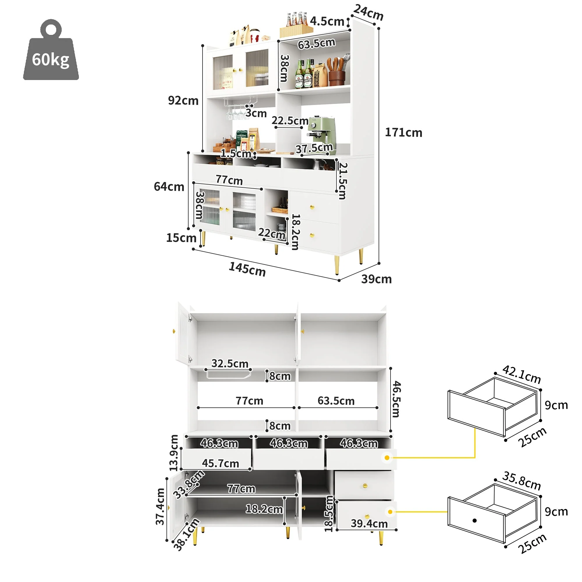 Restaurant Tall Cabinet Glass Door Wine Rack Storage - White/Gold - Image 3