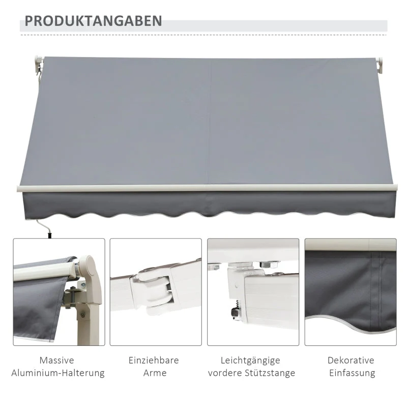 Retractable Awning, 3.95 x 2.45 m, Hand Crank, Polyester, Grey/White - Image 7