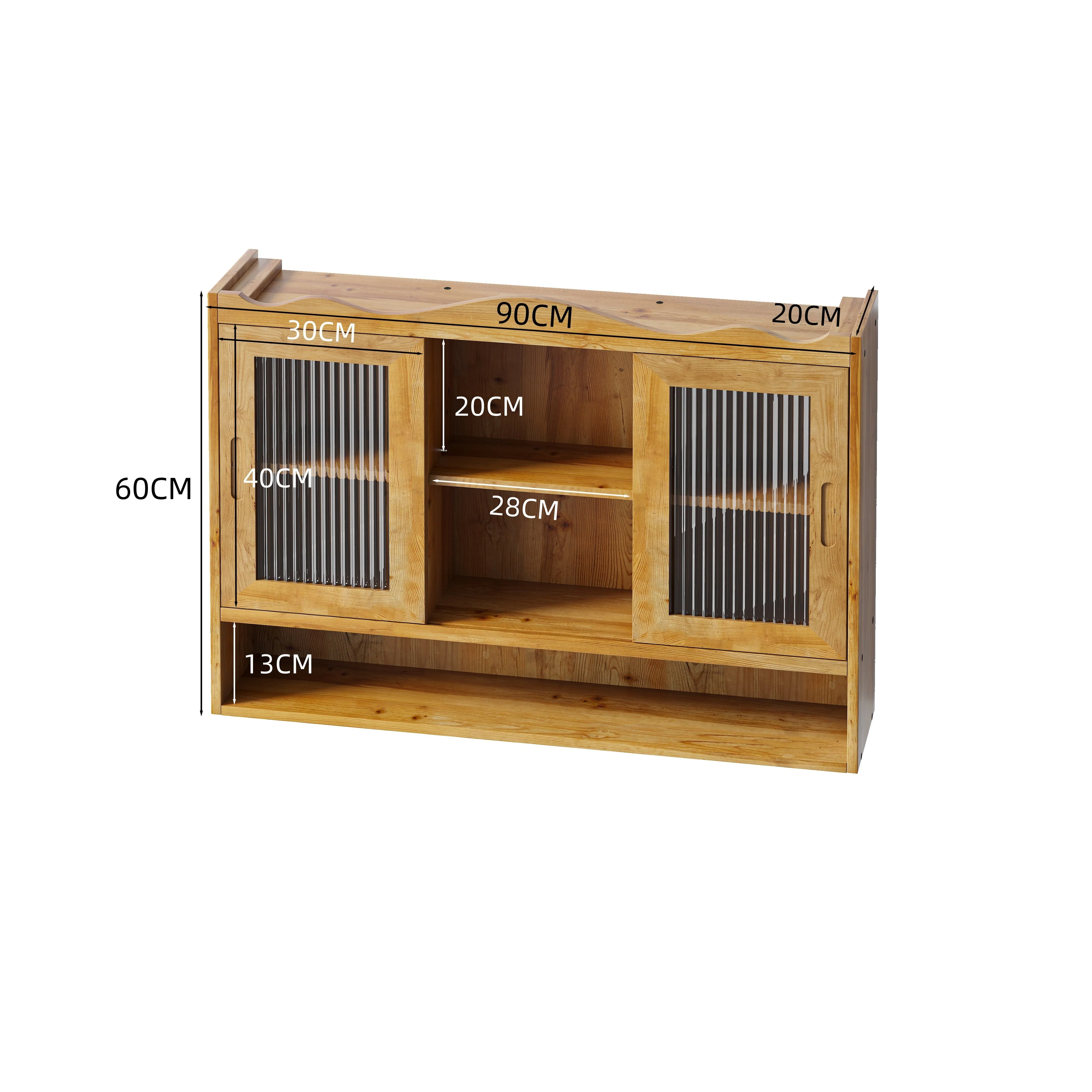 Retro 2 Door Sliding Cabinet 90CM Three Layers Storage Space, Natural Finish - Image 4