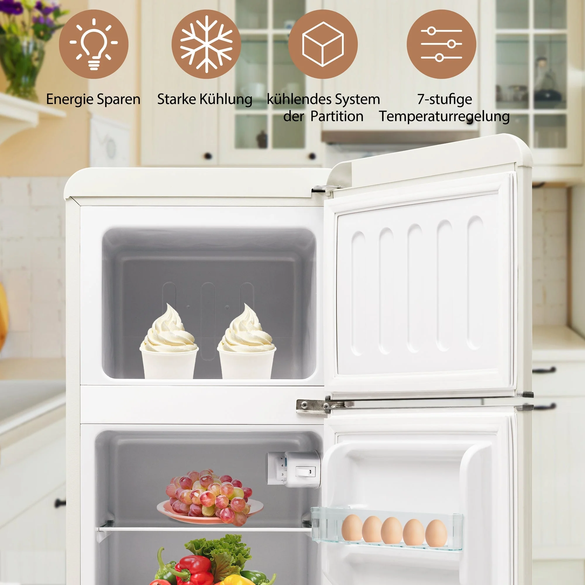 Retro Refrigerator Fridge-Freezer 92L Capacity 2-Door, LED Light - Image 3
