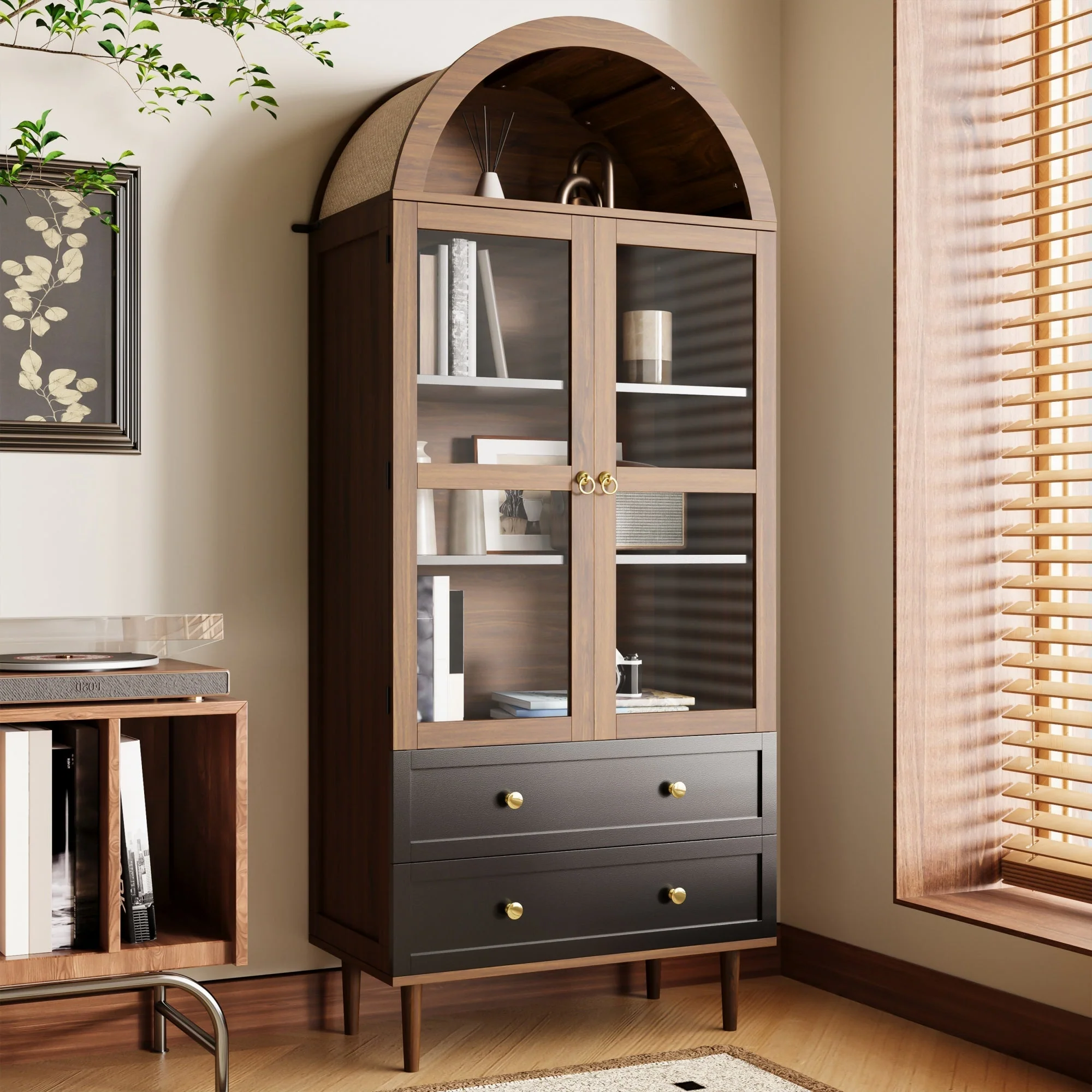 Retro Storage Cabinet with Adjustable Shelves and Curved Glass, Luxurious Sideboard - Image 3