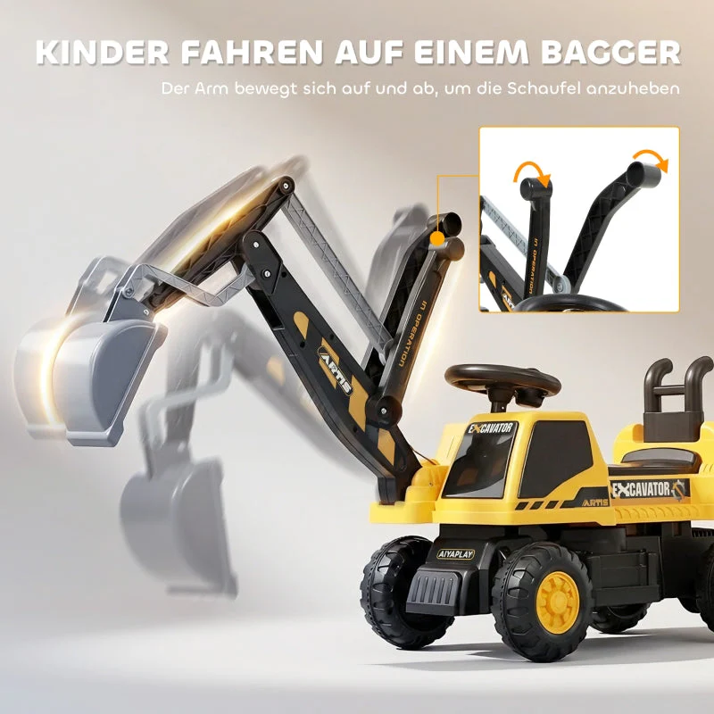 Ride-on Excavator with Shovel, Steering Wheel and Backrest for Kids, Yellow - Image 4