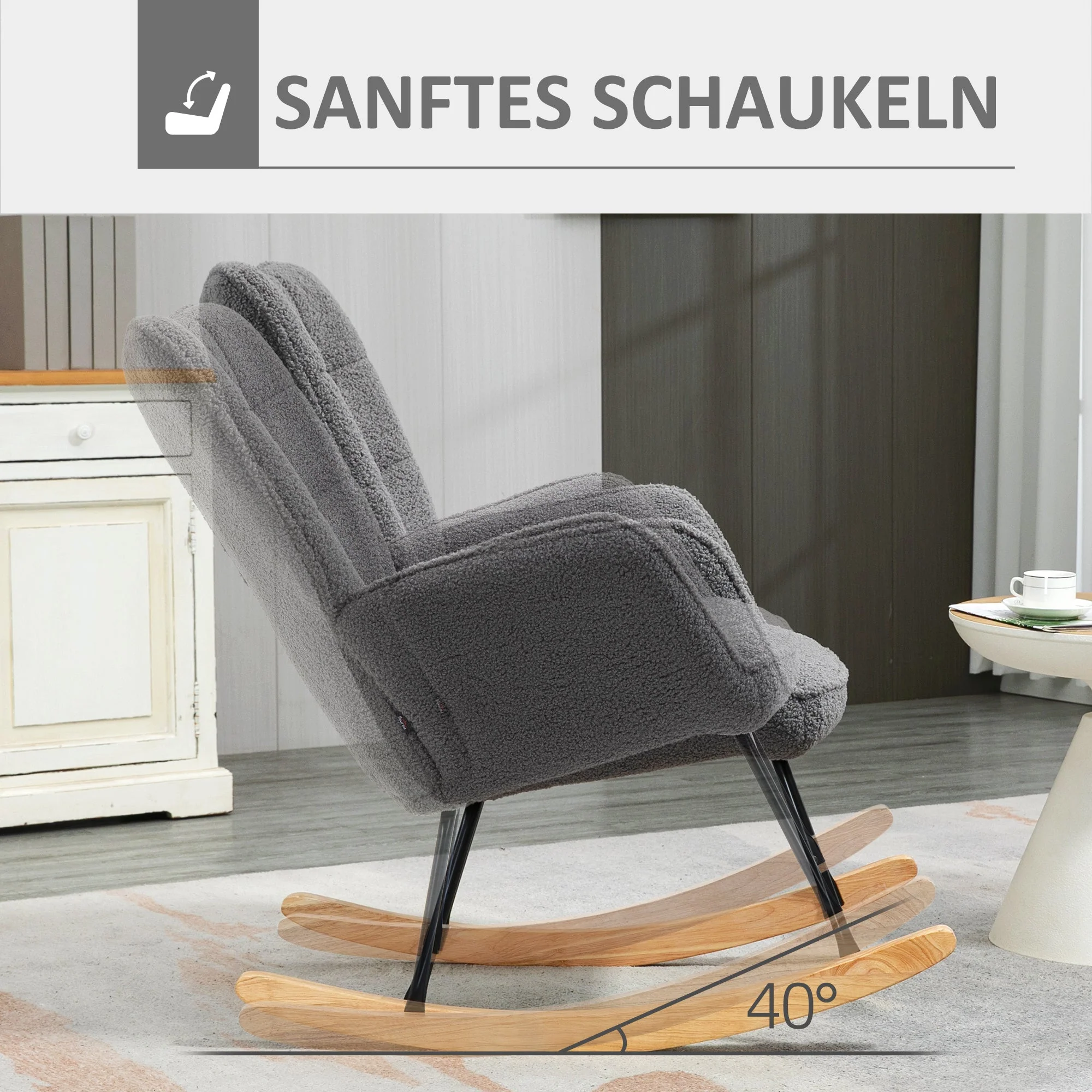 Rocking Armchair with Berber Fleece Look, Wooden Runners, 120kg Capacity, Dark Grey - Image 4