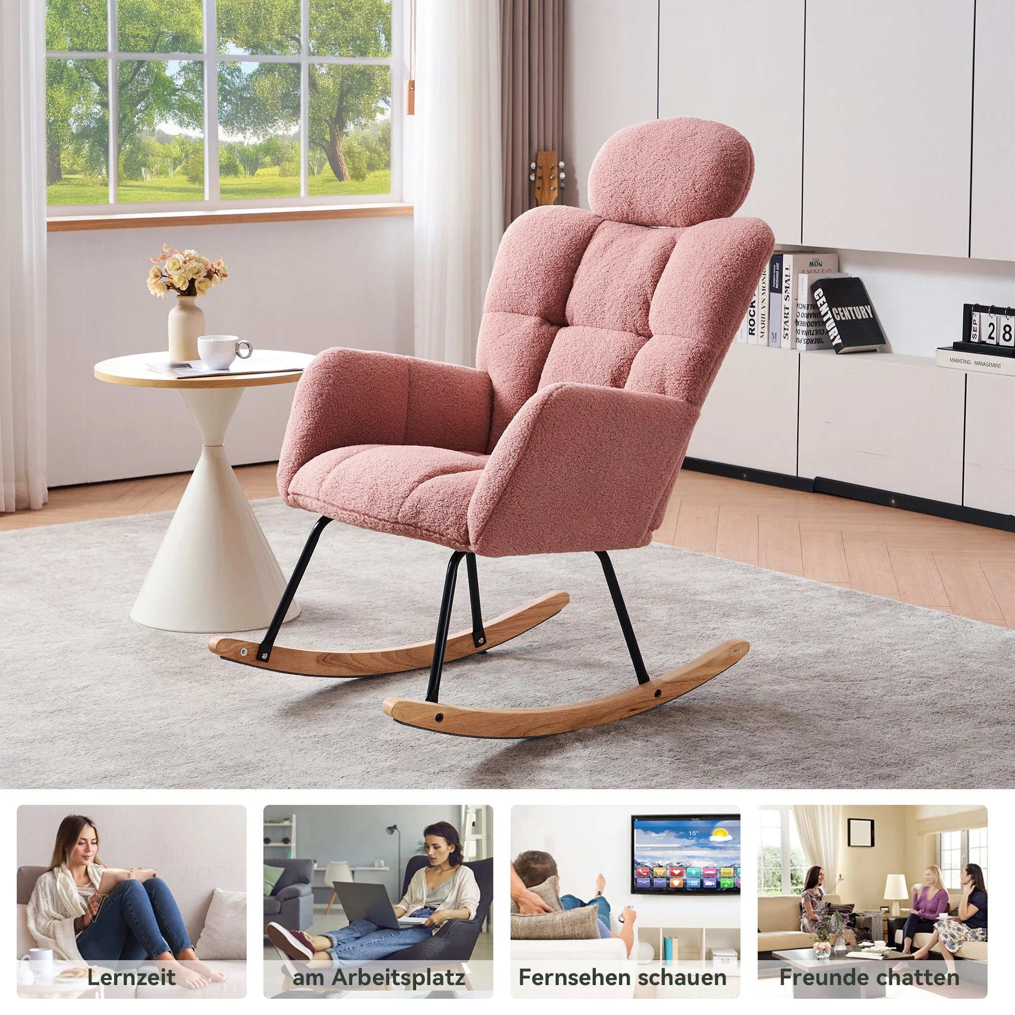 Rocking Chair 055, Tufted Upholstered, Pink Teddy Fabric - Image 5