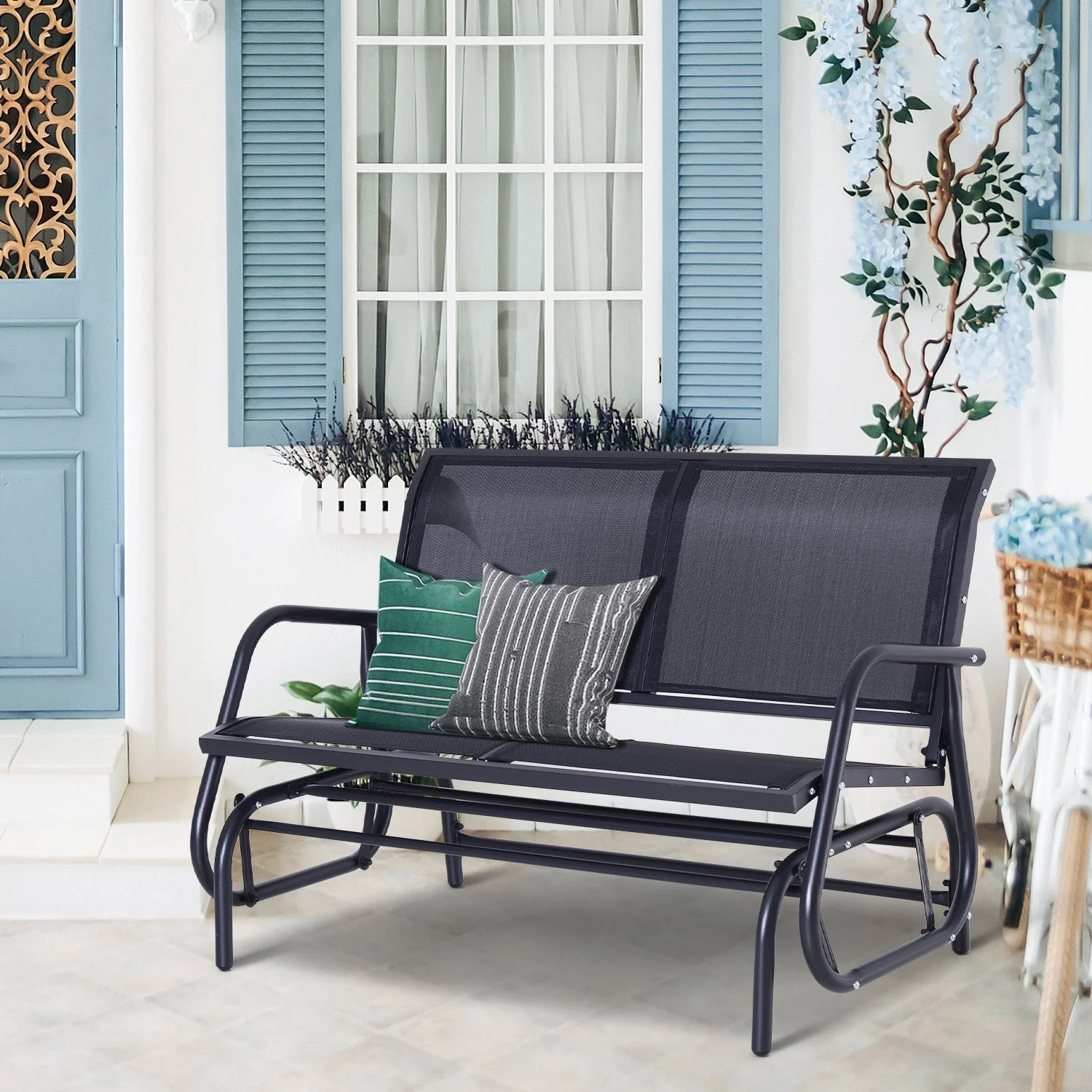 Rocking Chair 2-Seater Garden Swing Park Bench Metal, Black 120 x 70 x 88 cm