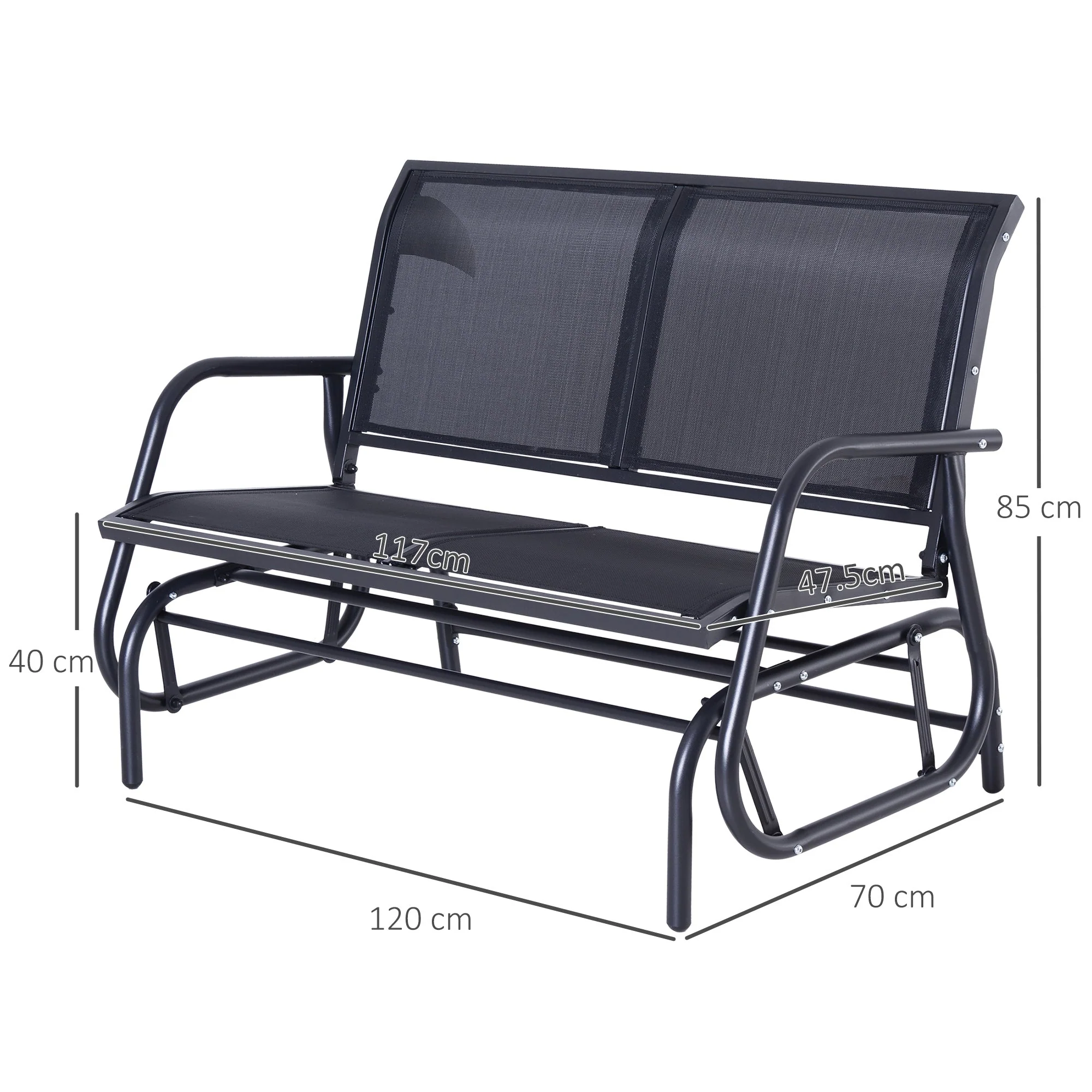 Rocking Chair 2-Seater Garden Swing Park Bench Metal, Black 120 x 70 x 88 cm - Image 3