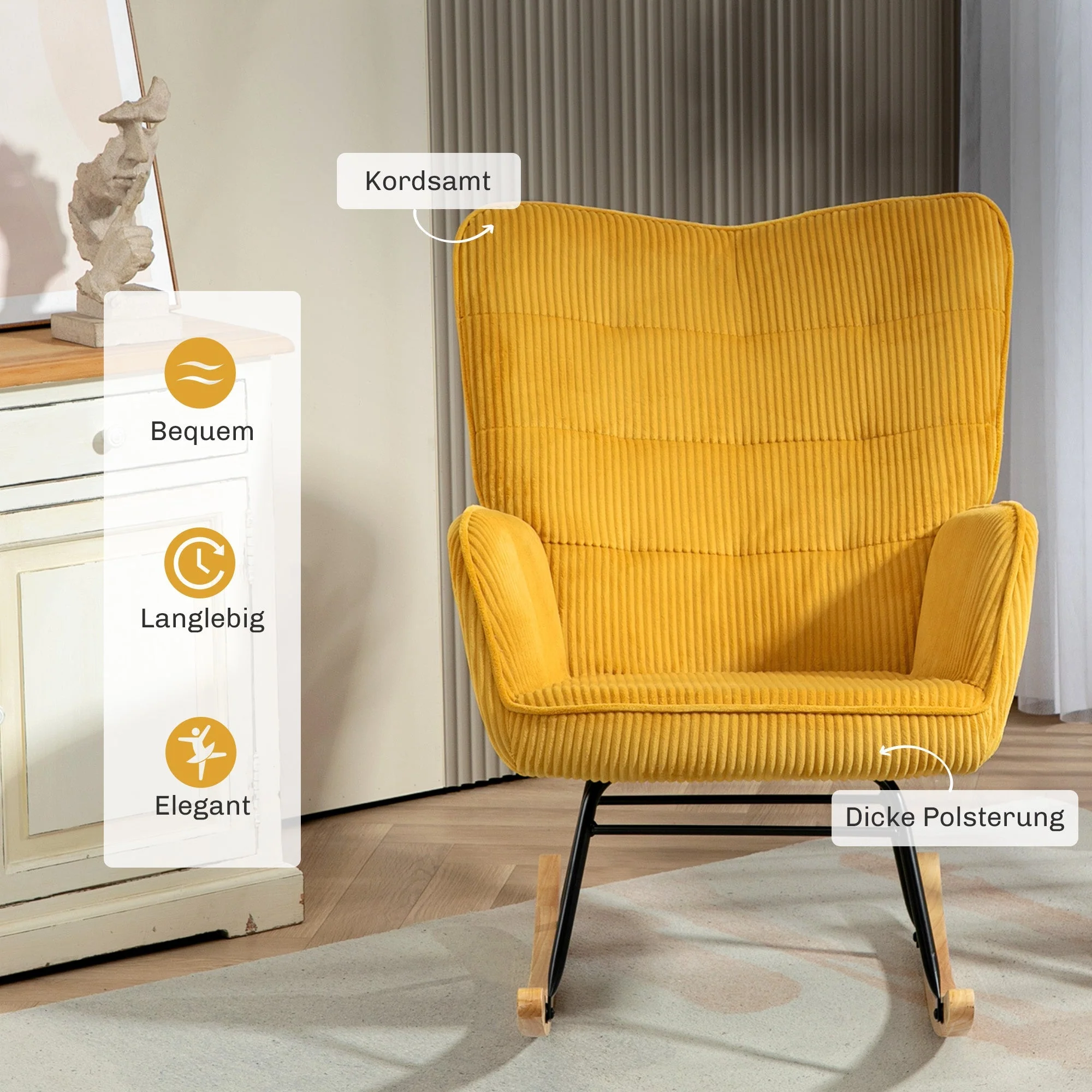 Rocking Chair/Armchair Berber Fleece Armrest Wooden Runners, Yellow - Image 5