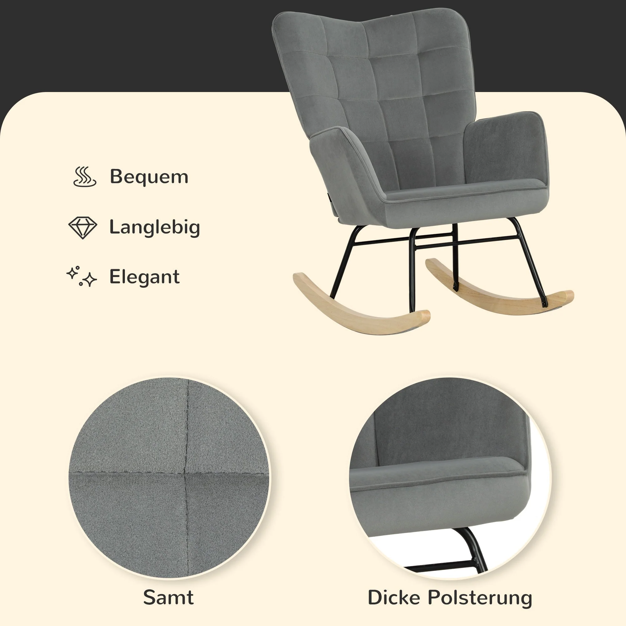 Rocking Chair Armchair with Wooden Runners, Velvet Look, Dark Grey - Image 5