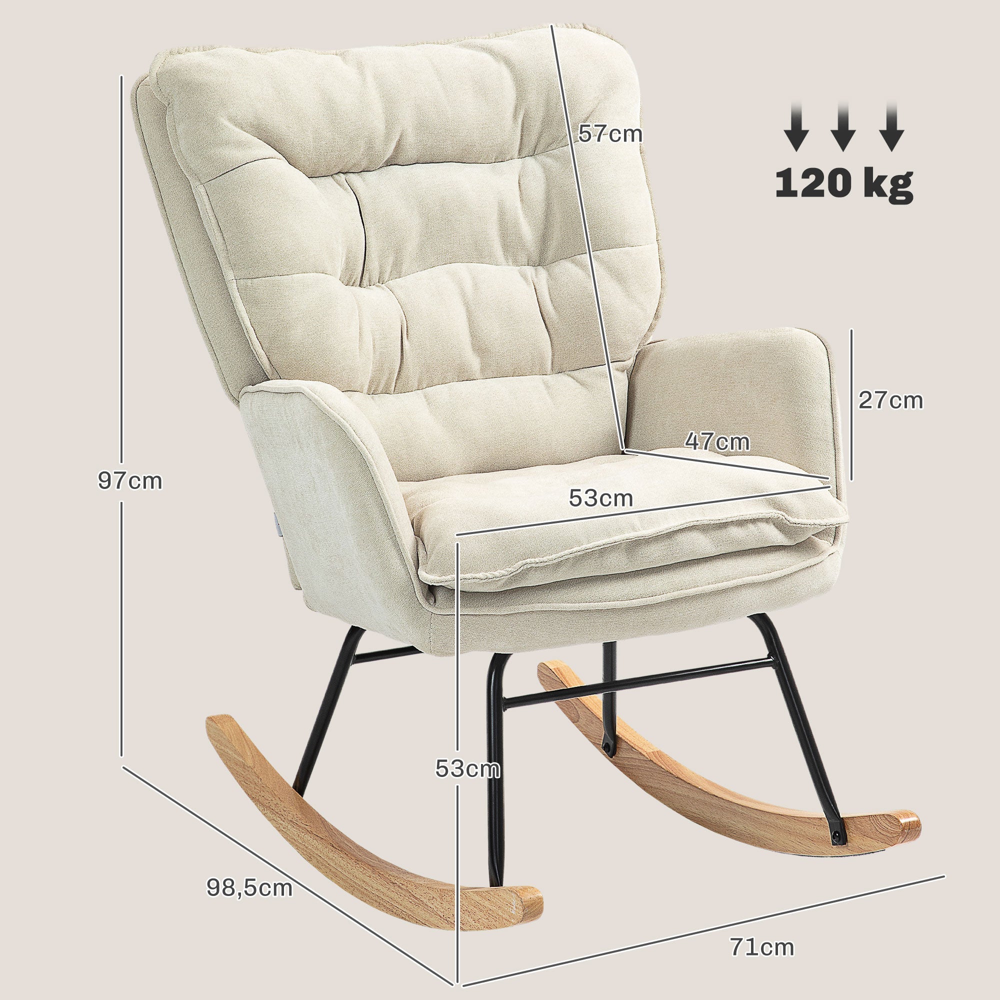 Rocking Chair, Armrests, Nursing, 120 kg Load Capacity, Chenille Look, Beige - Image 3