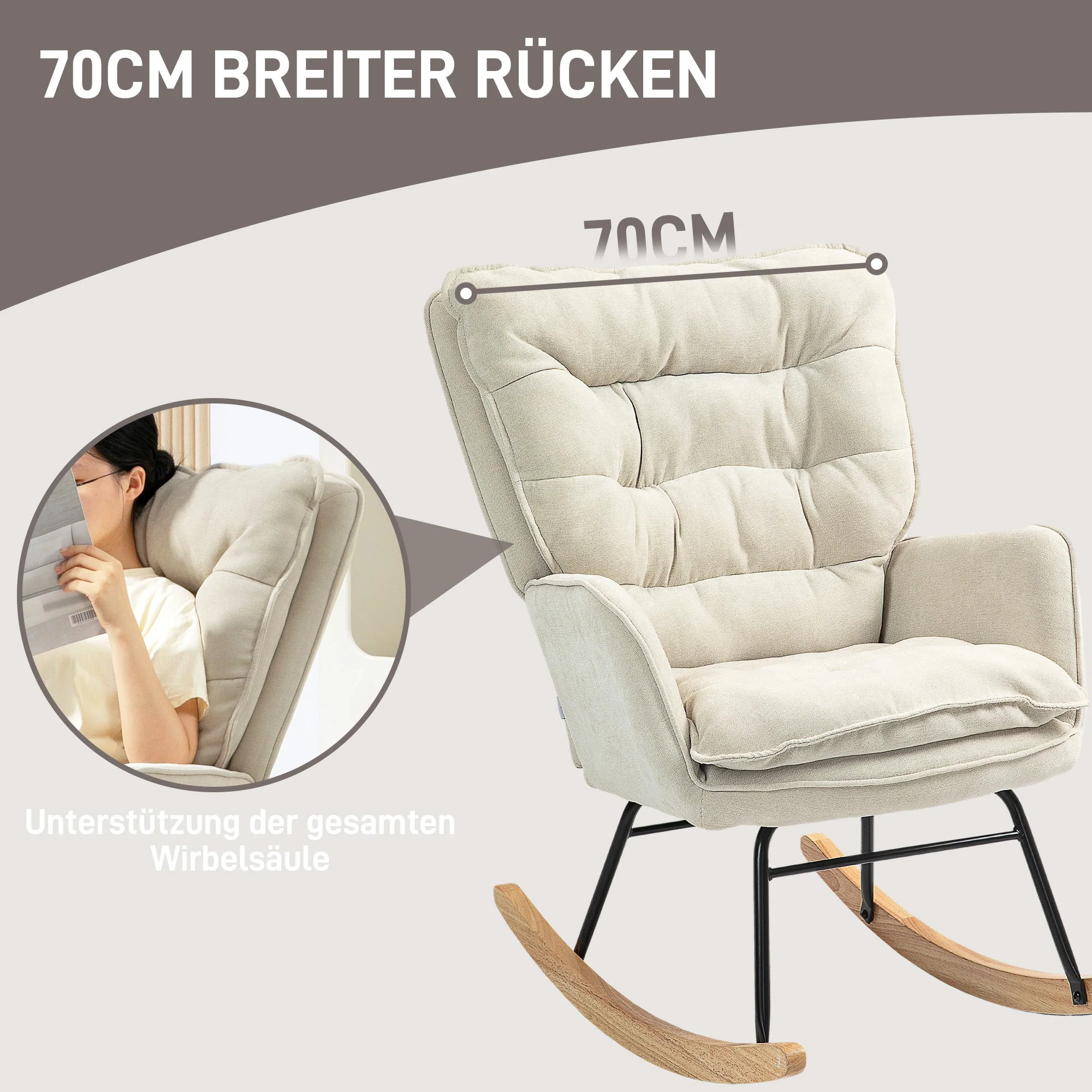 Rocking Chair, Armrests, Nursing, 120 kg Load Capacity, Chenille Look, Beige - Image 5