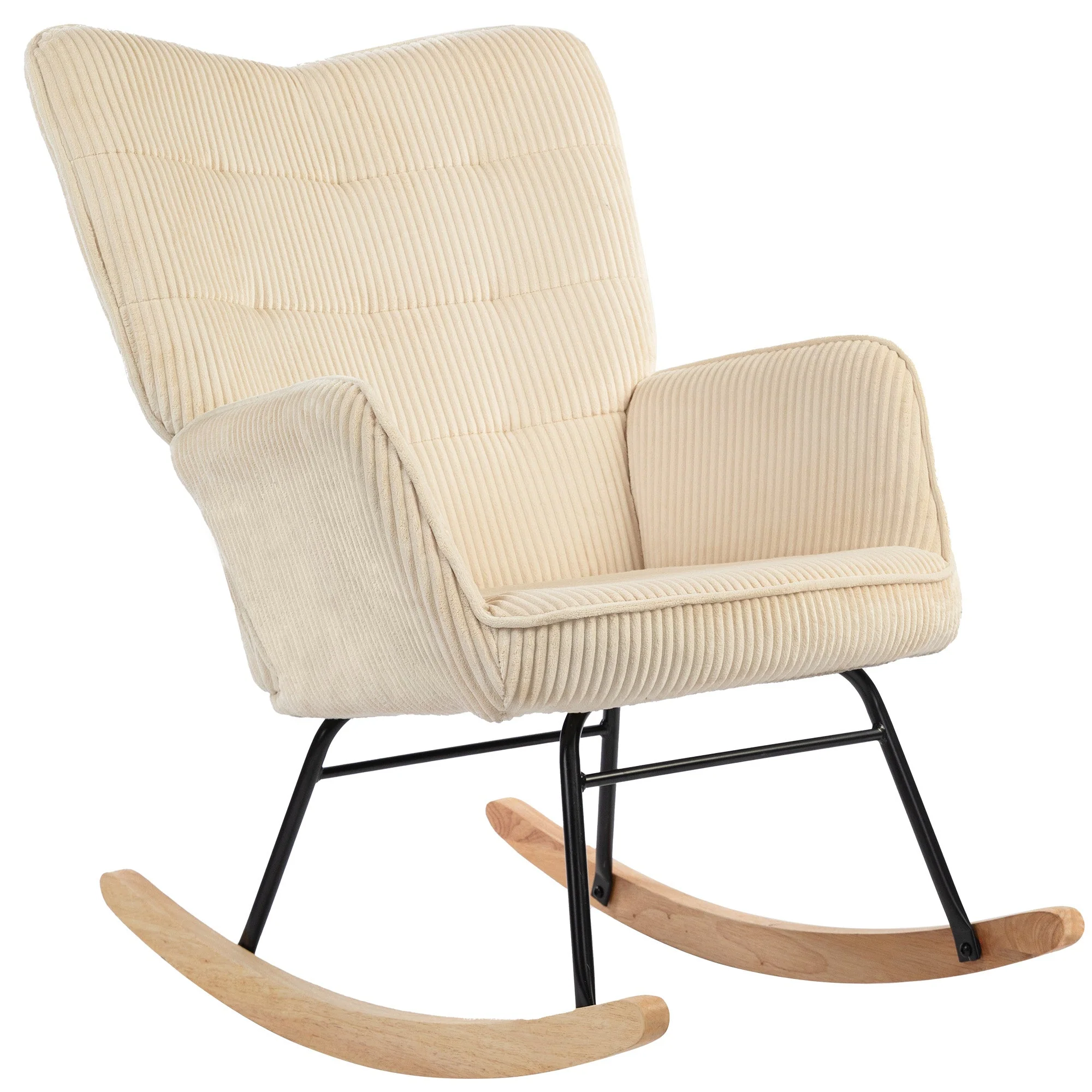 Rocking Chair, Armrests Recliner with Wooden Base, Corduroy Beige - Image 2