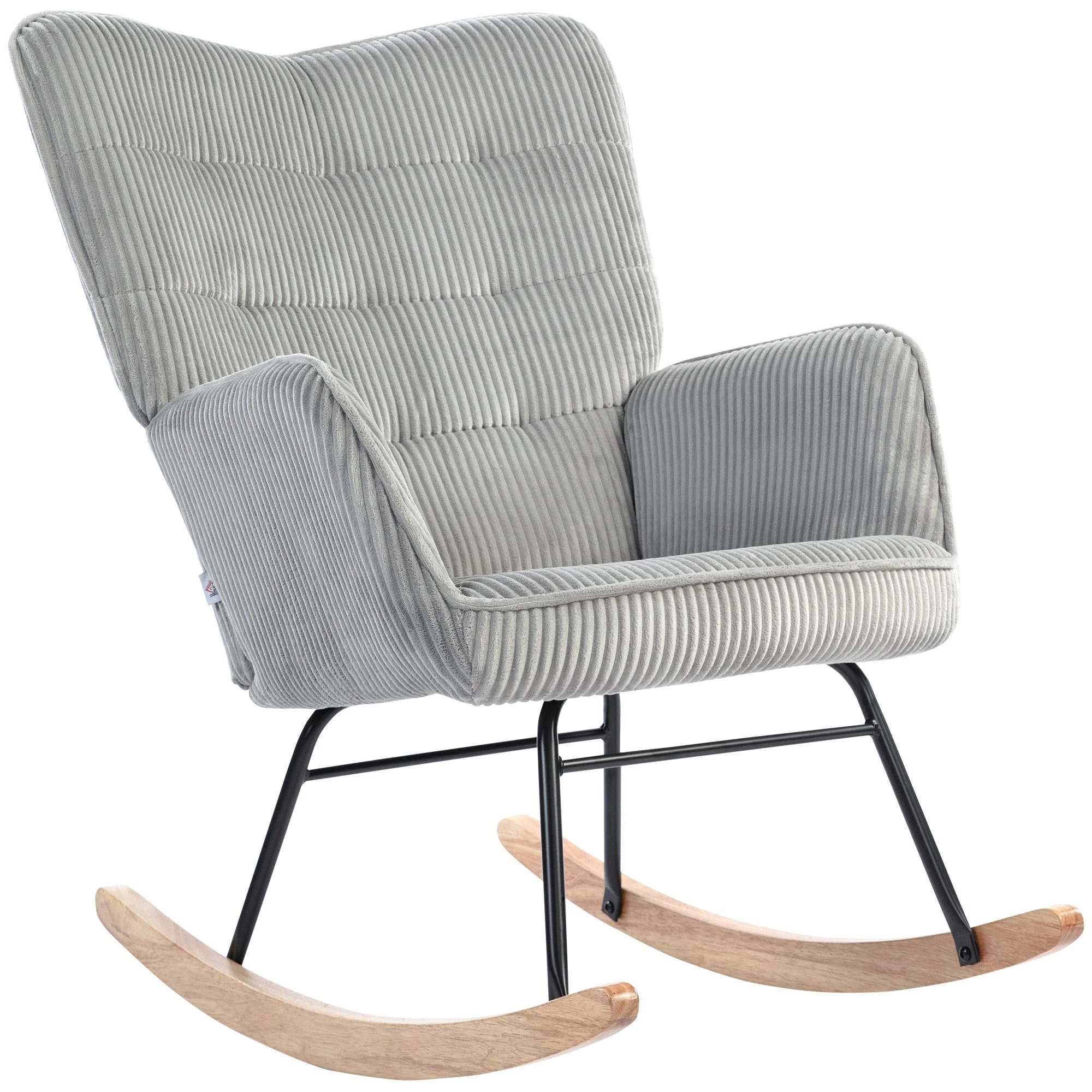 Rocking Chair, Armrests Recliner Wooden Base, Light Gray Corduroy - Image 2