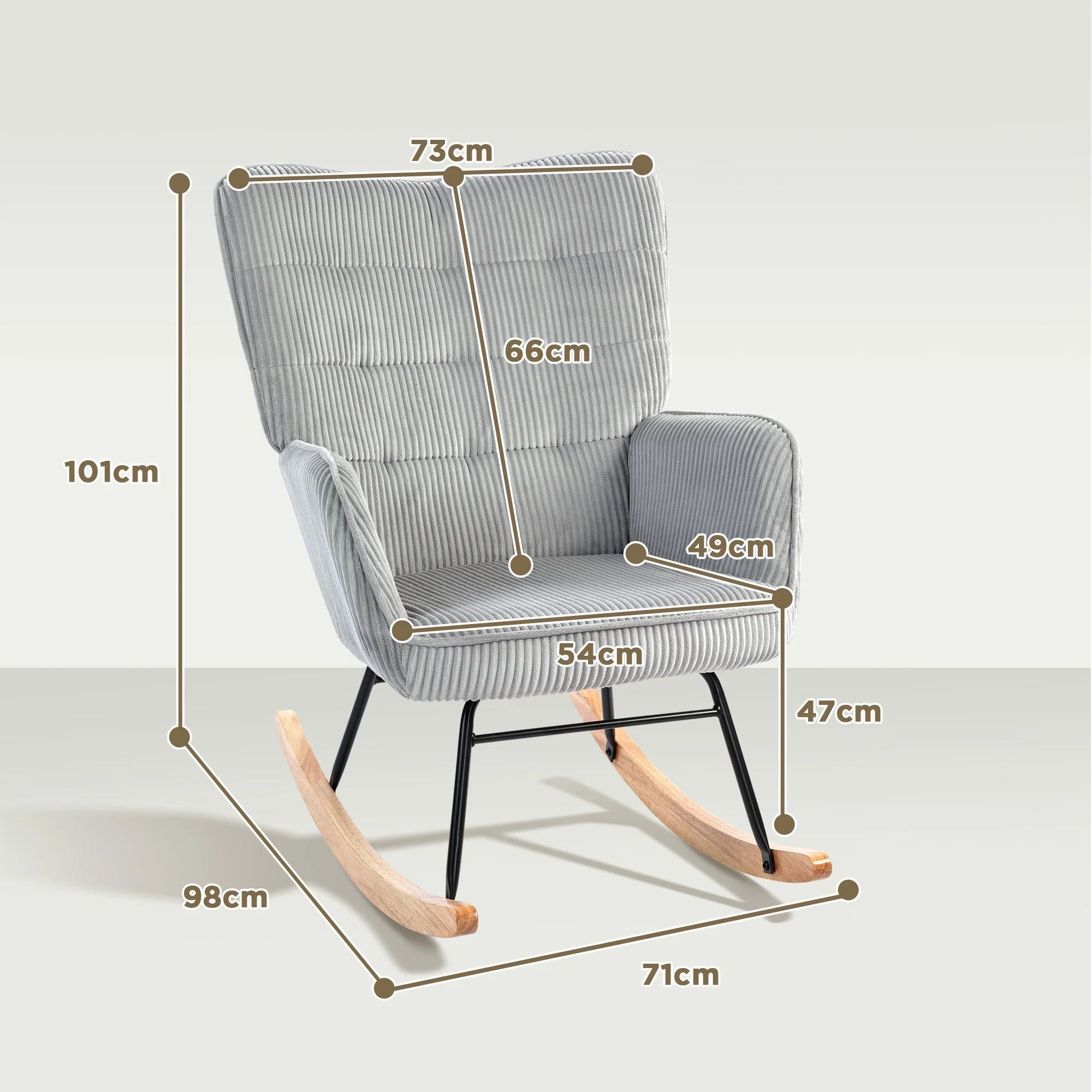 Rocking Chair, Armrests Recliner Wooden Base, Light Gray Corduroy - Image 3