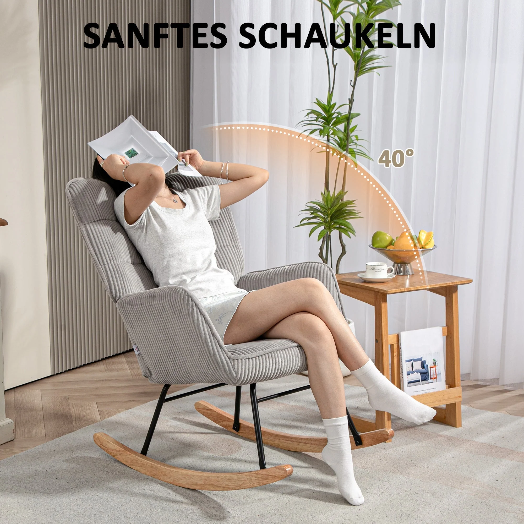 Rocking Chair, Armrests Recliner Wooden Base, Light Gray Corduroy - Image 4