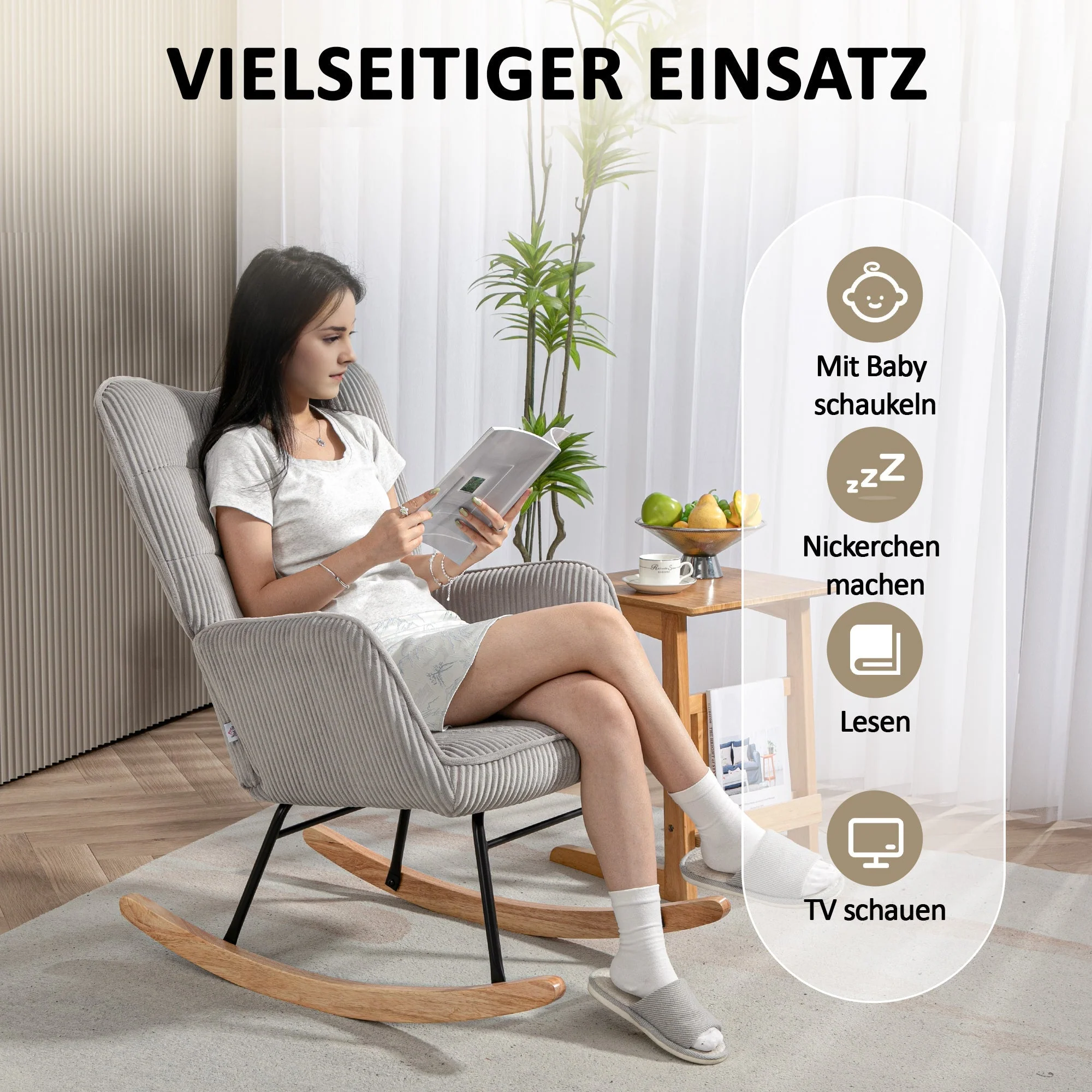 Rocking Chair, Armrests Recliner Wooden Base, Light Gray Corduroy - Image 5