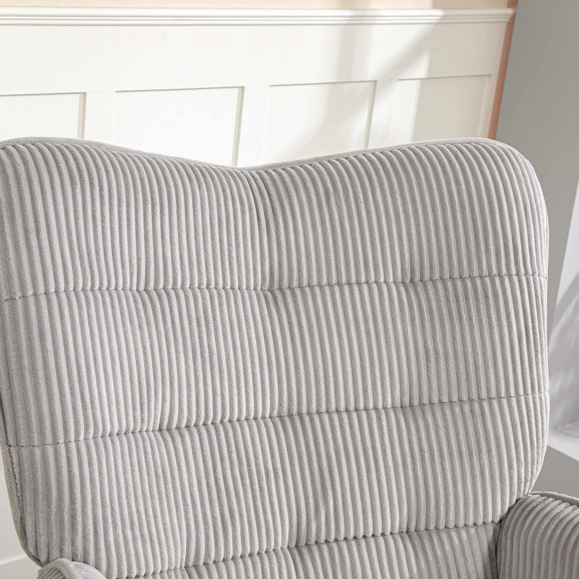 Rocking Chair, Armrests Recliner Wooden Base, Light Gray Corduroy - Image 6