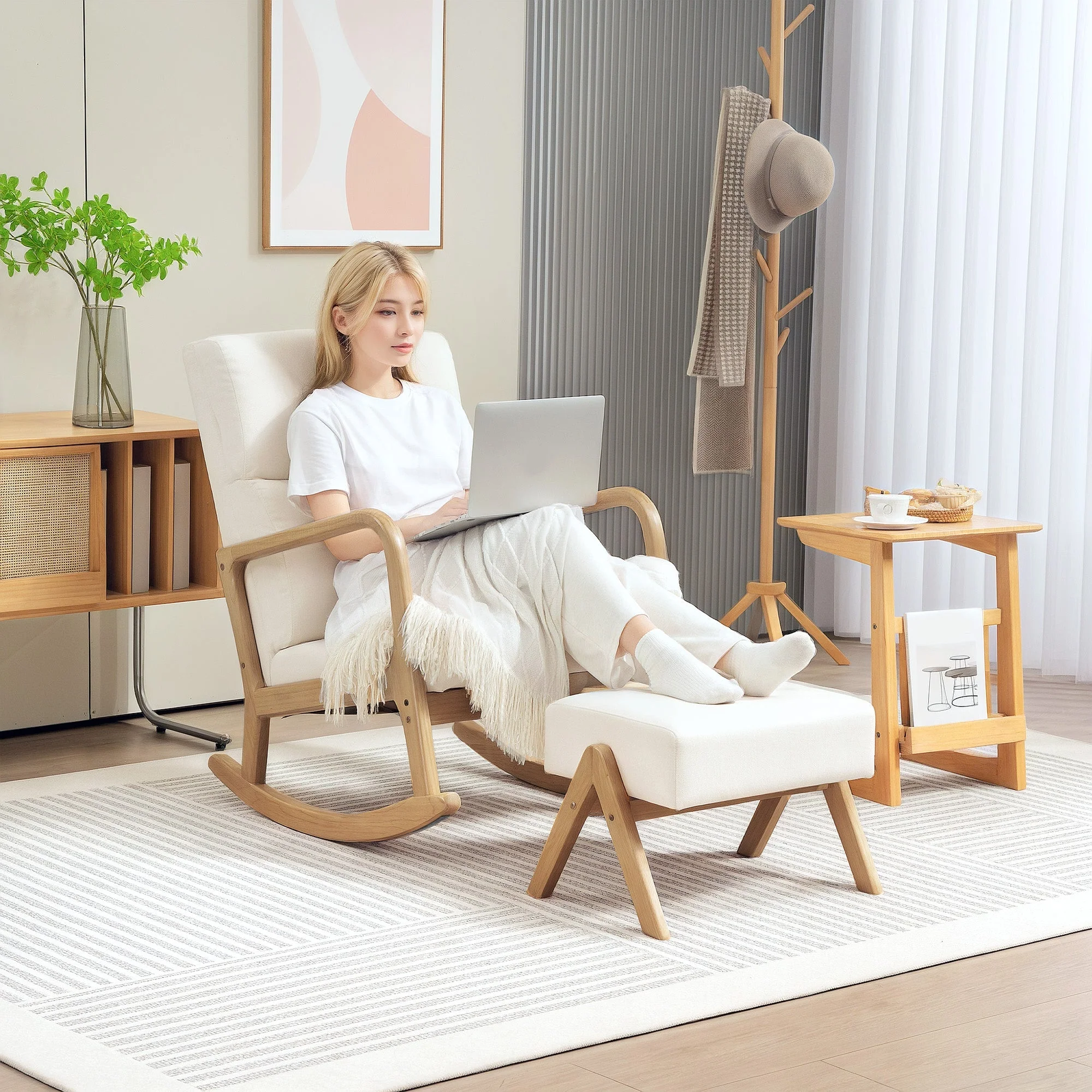 Rocking Chair Footstool Recliner Wooden Legs Linen Look Cream White