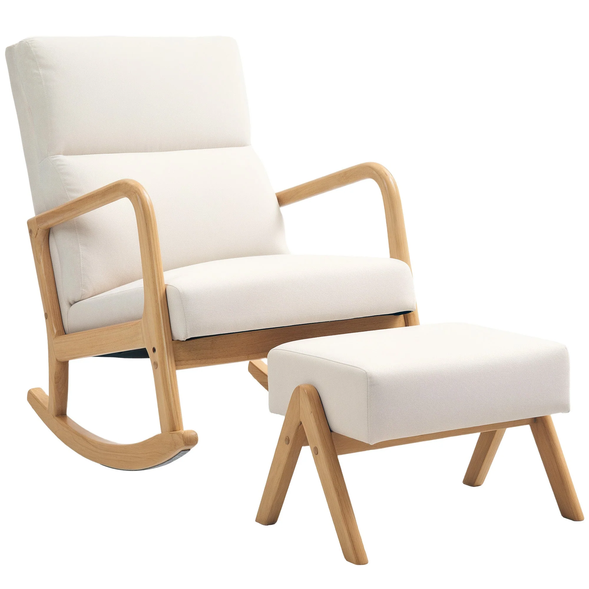 Rocking Chair Footstool Recliner Wooden Legs Linen Look Cream White - Image 2