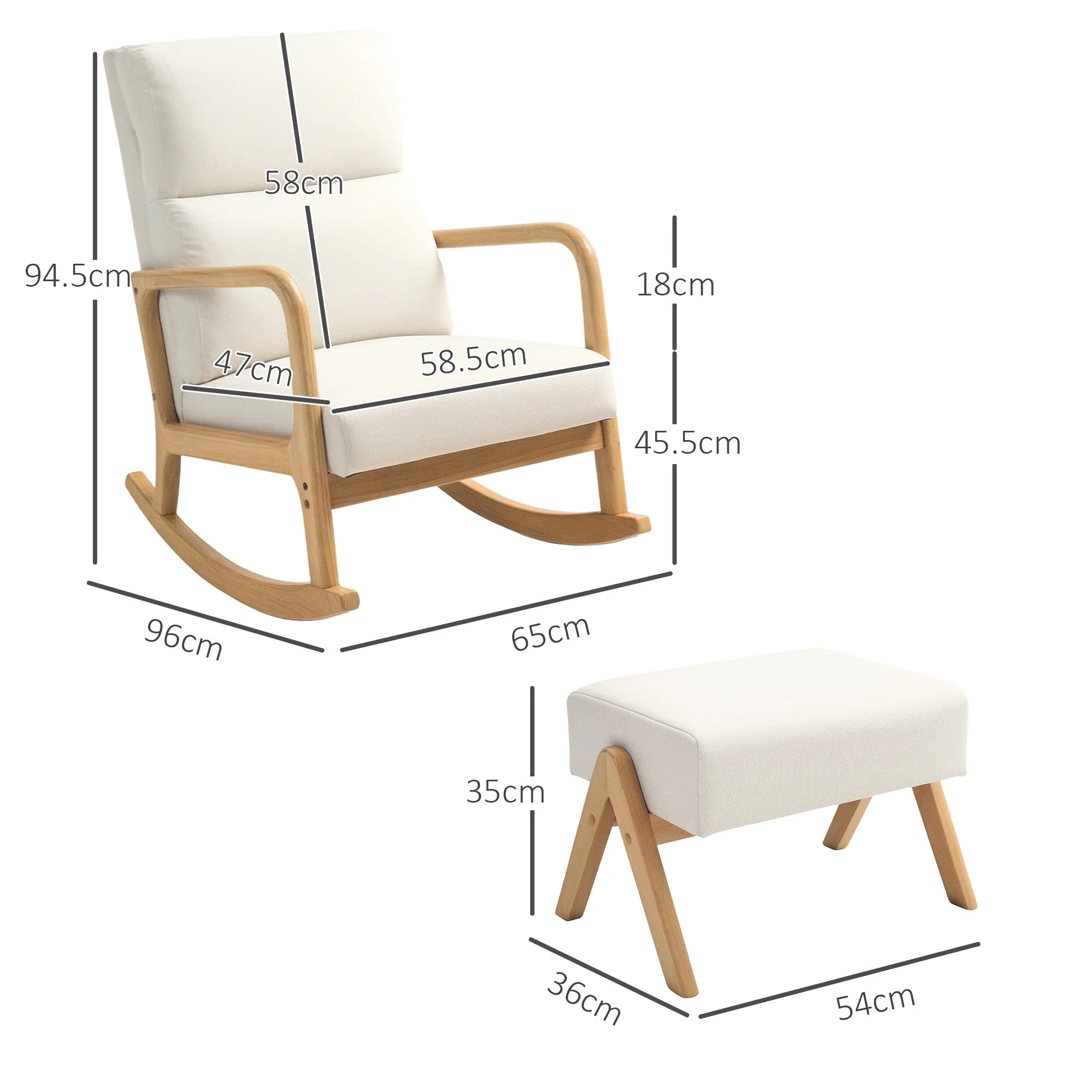 Rocking Chair Footstool Recliner Wooden Legs Linen Look Cream White - Image 3