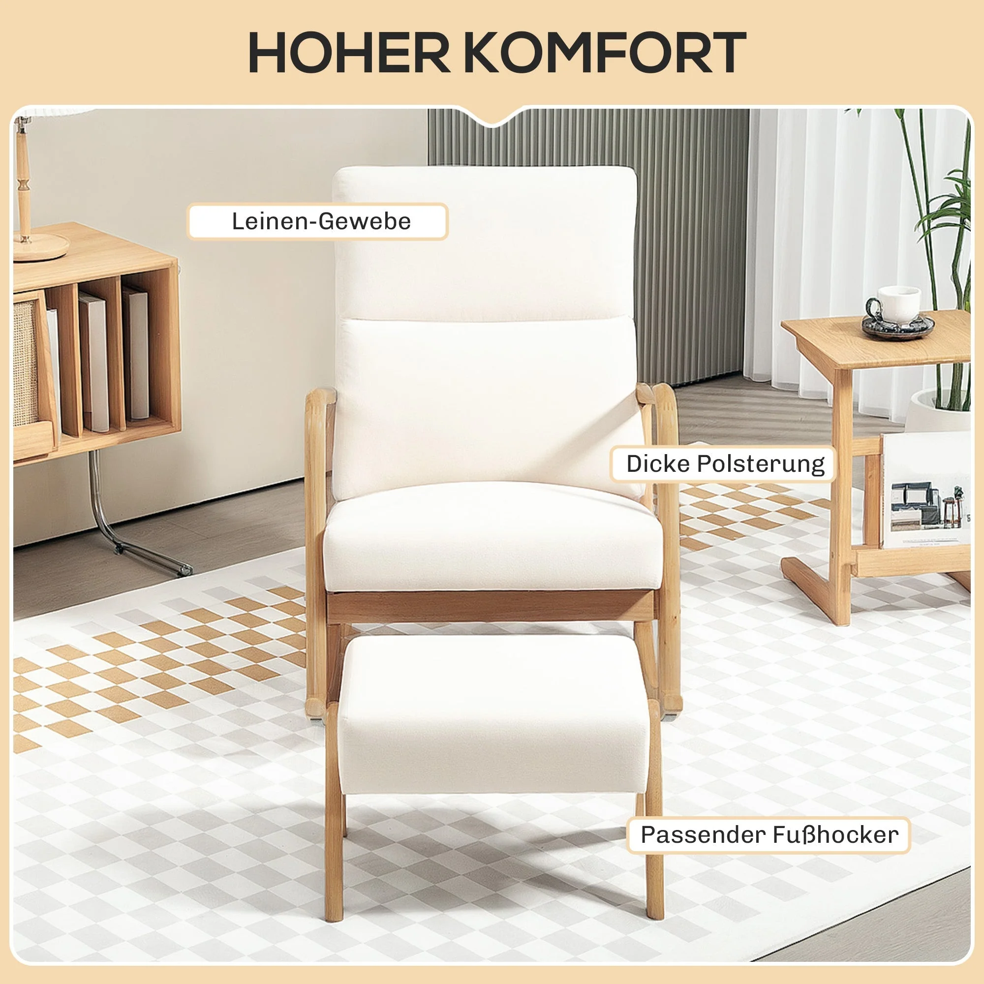 Rocking Chair Footstool Recliner Wooden Legs Linen Look Cream White - Image 4
