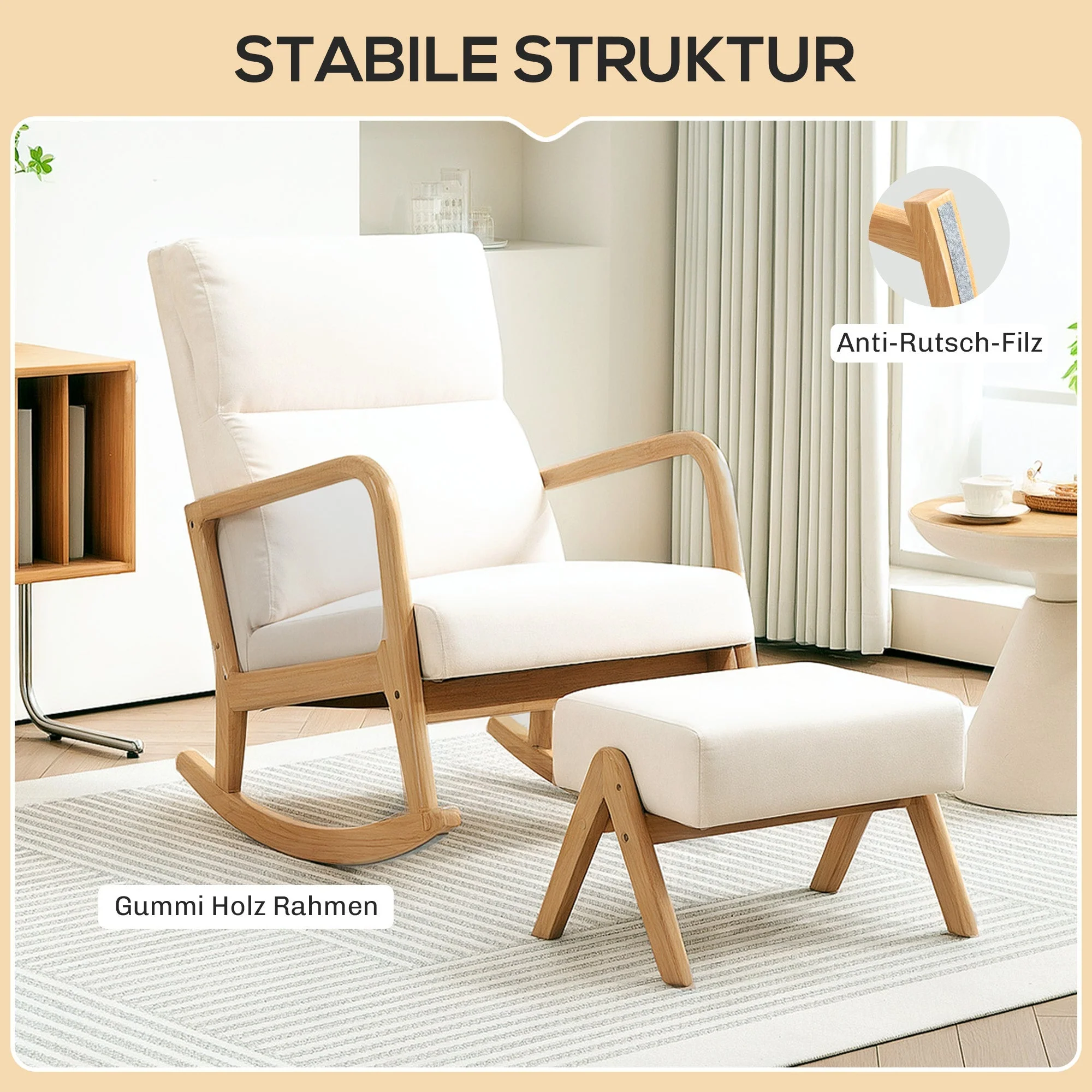 Rocking Chair Footstool Recliner Wooden Legs Linen Look Cream White - Image 5