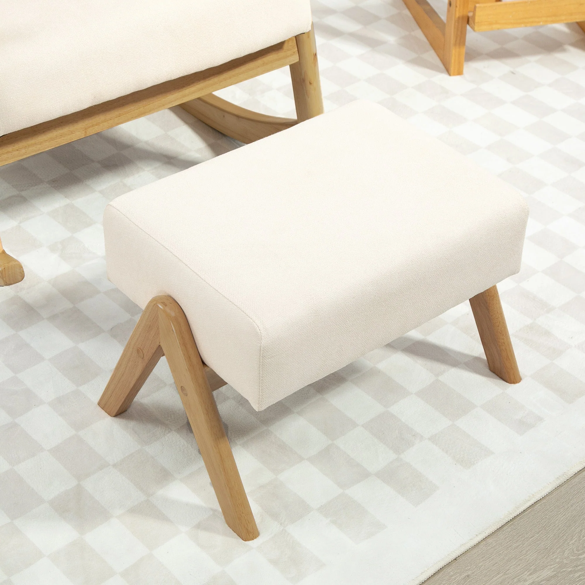Rocking Chair Footstool Recliner Wooden Legs Linen Look Cream White - Image 6
