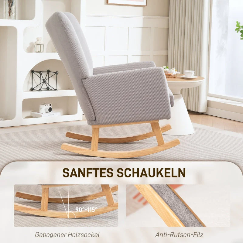Rocking Chair, High Back Upholstered, Corduroy, Light Grey - Image 6