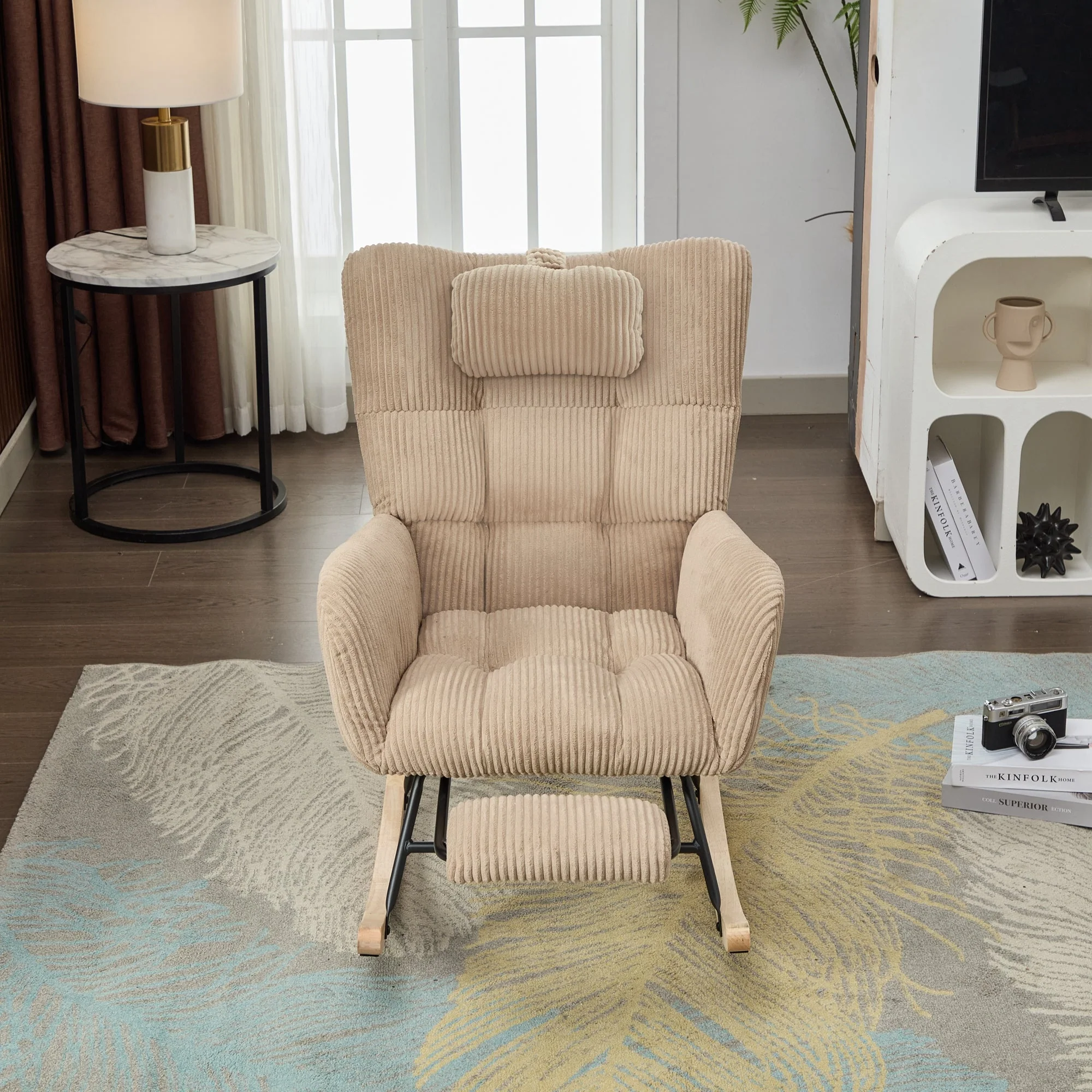 Rocking Chair, Modern Upholstered High Back with Neck Pillow, Brown Fabric - Image 3