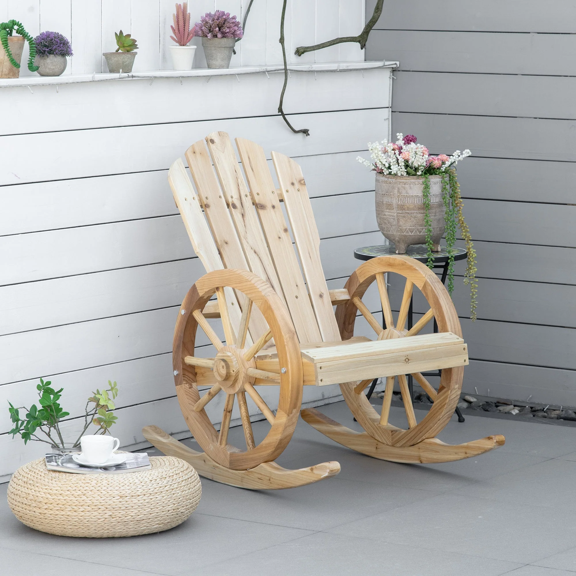 Rocking Chair, Rustic Relaxation Garden Chair with Wheels, Solid Natural Wood