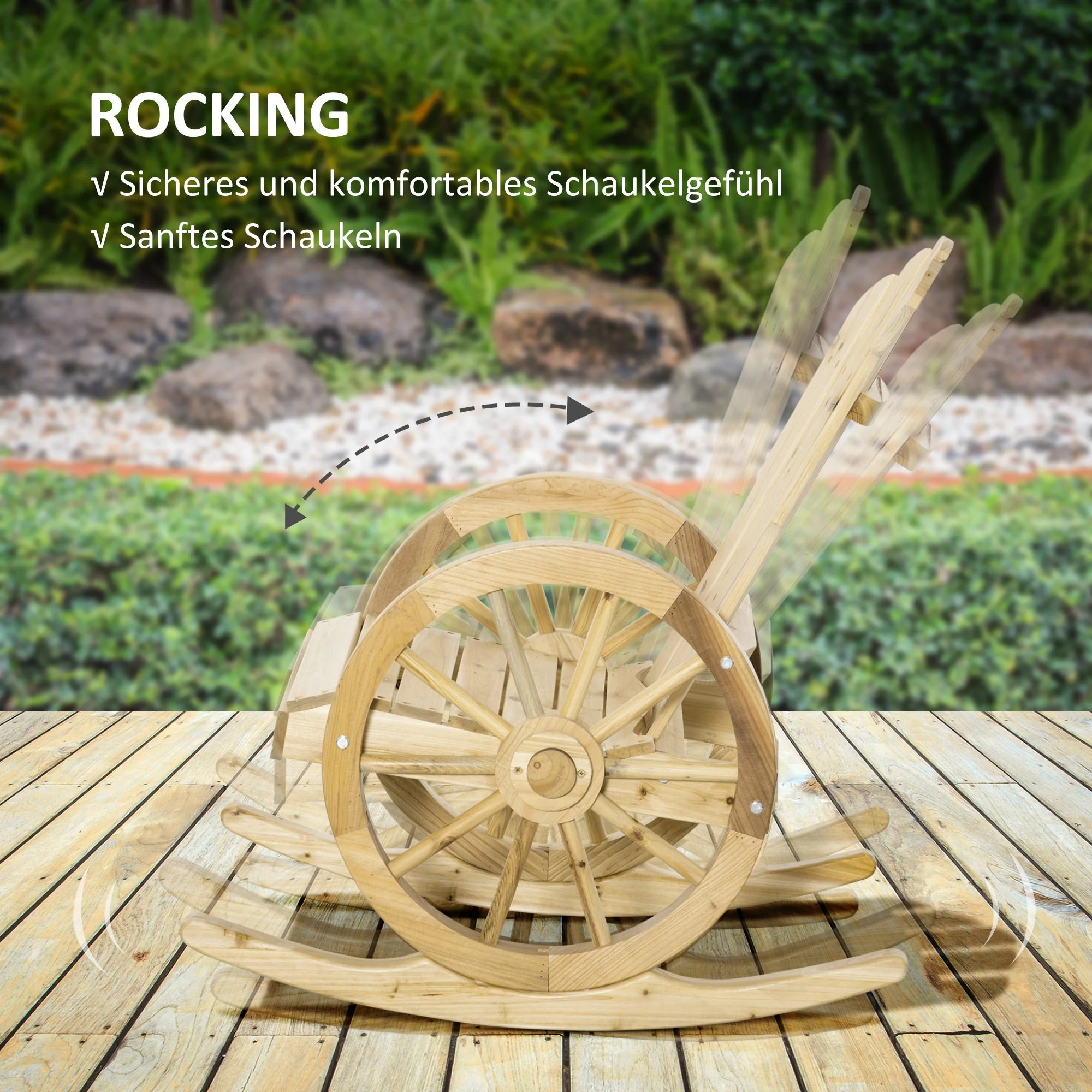 Rocking Chair, Rustic Relaxation Garden Chair with Wheels, Solid Natural Wood - Image 4