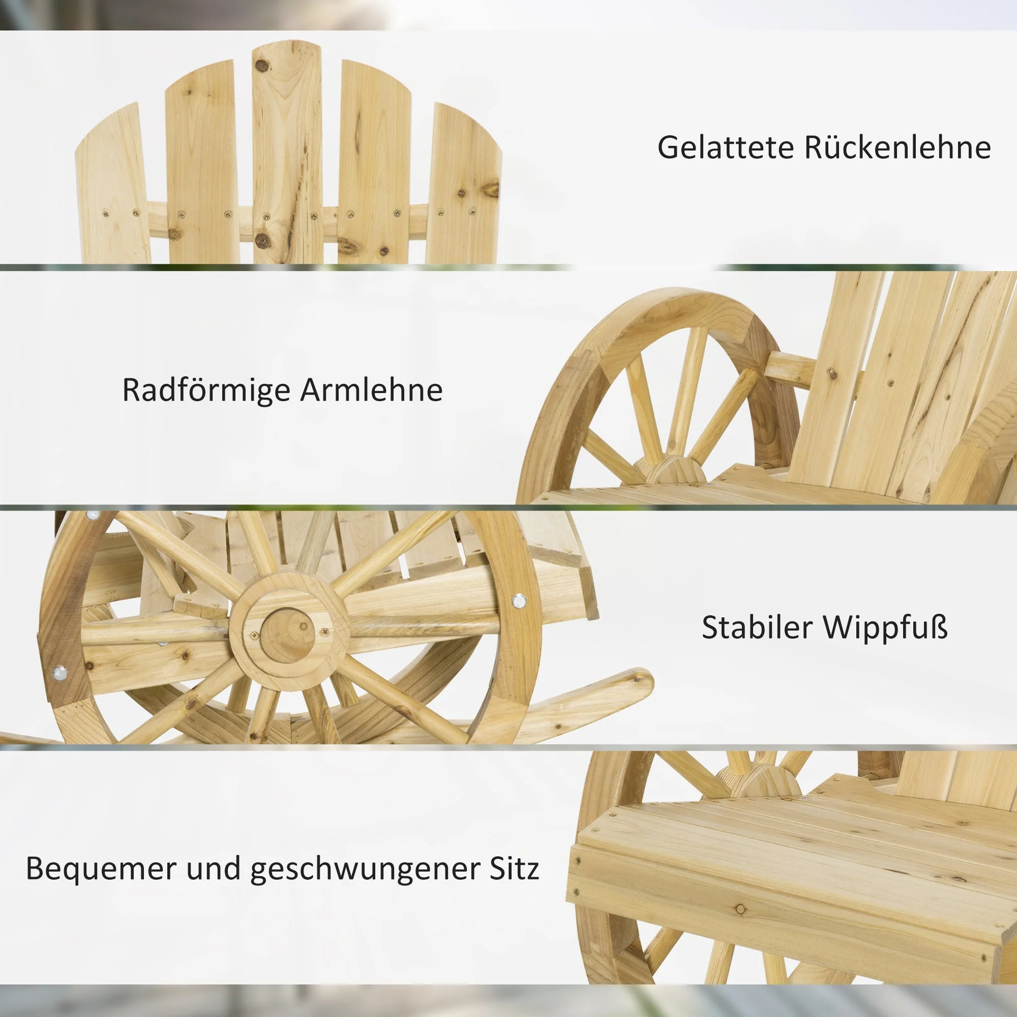 Rocking Chair, Rustic Relaxation Garden Chair with Wheels, Solid Natural Wood - Image 6