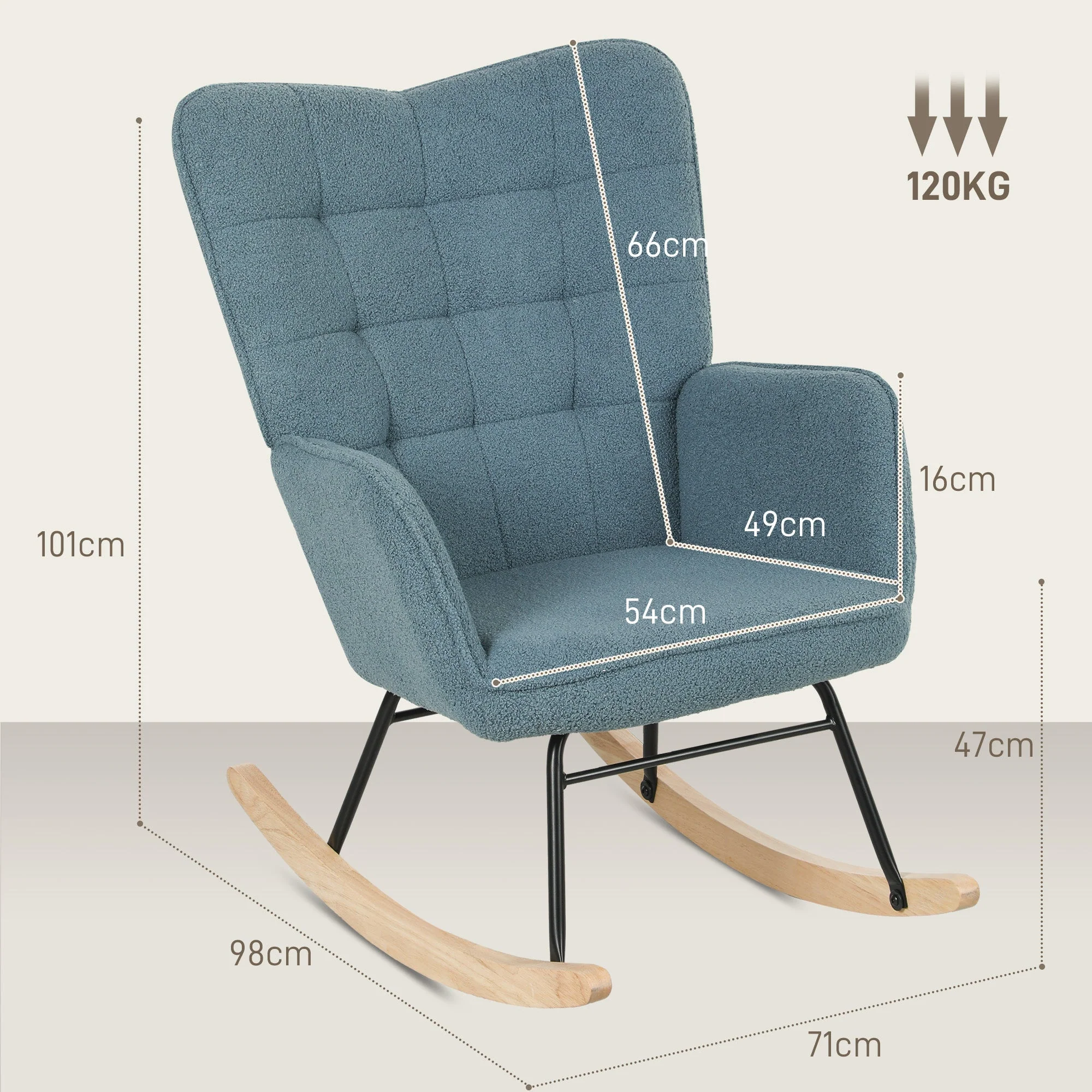 Rocking Chair Upholstered Armrest Wooden Runners 120kg Light Blue Berber Fleece - Image 3