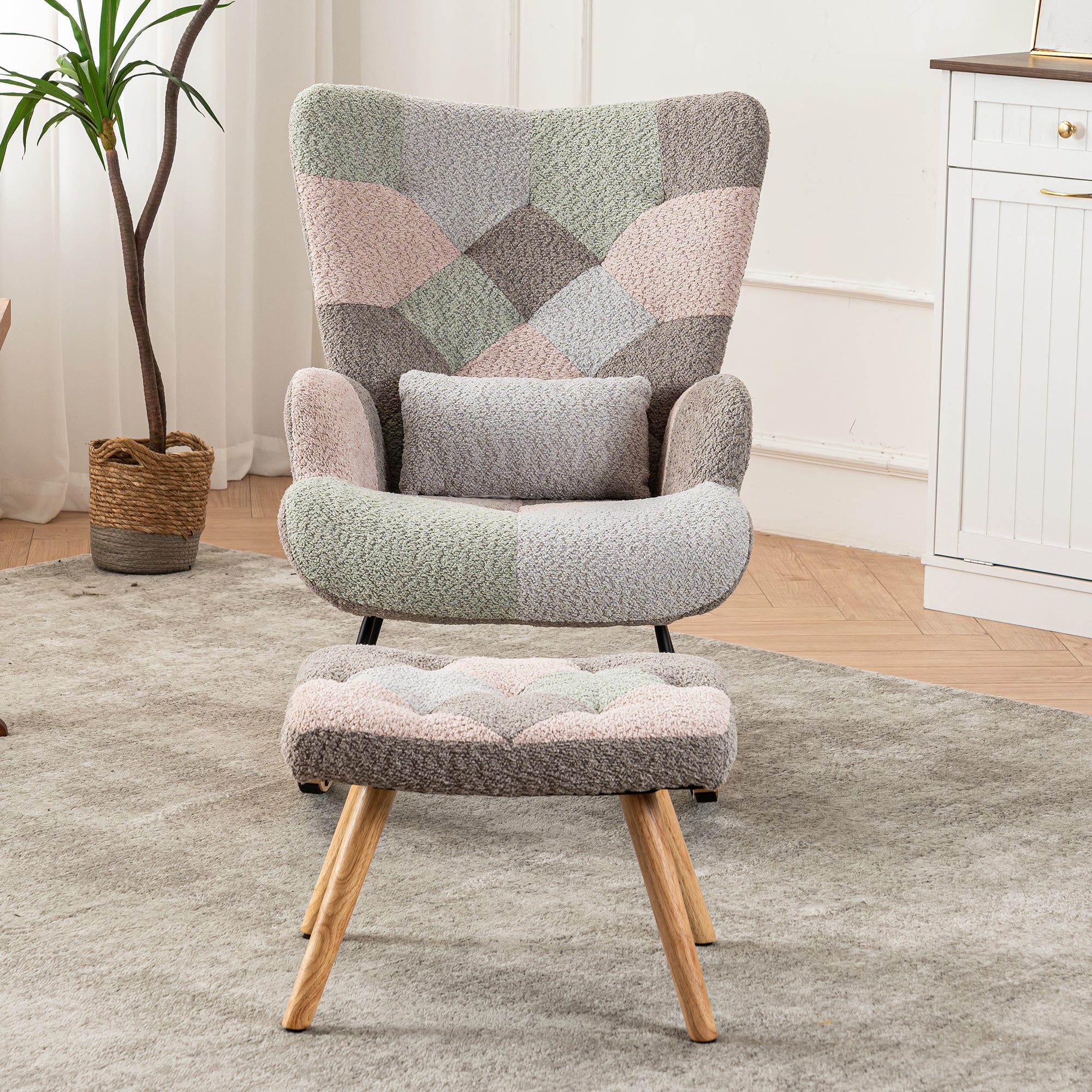 Rocking Chair with Footrest & Lumbar Cushion, Sturdy Rubberwood, Multicolored - Image 3
