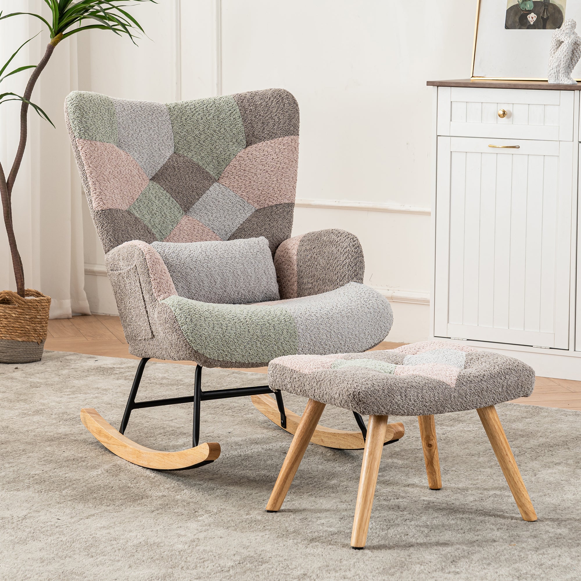 Rocking Chair with Footrest & Lumbar Cushion, Sturdy Rubberwood, Multicolored - Image 9