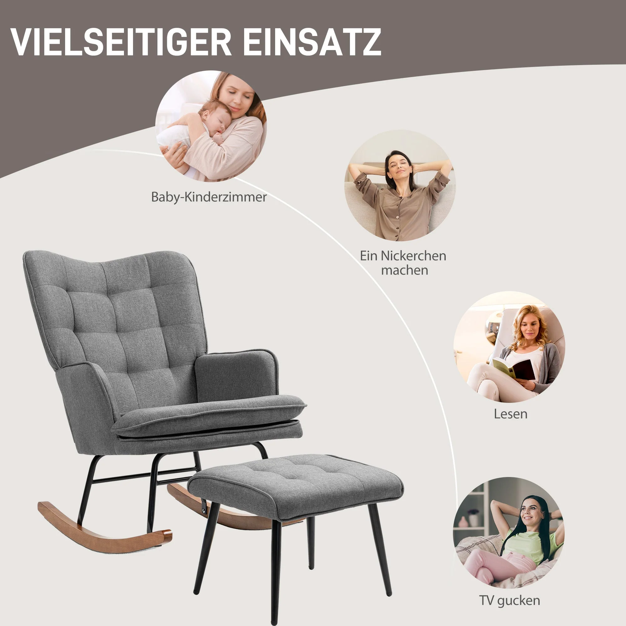 Rocking Chair with Footstool, 130kg Capacity Armrests Recliner, Linen Look - Image 6