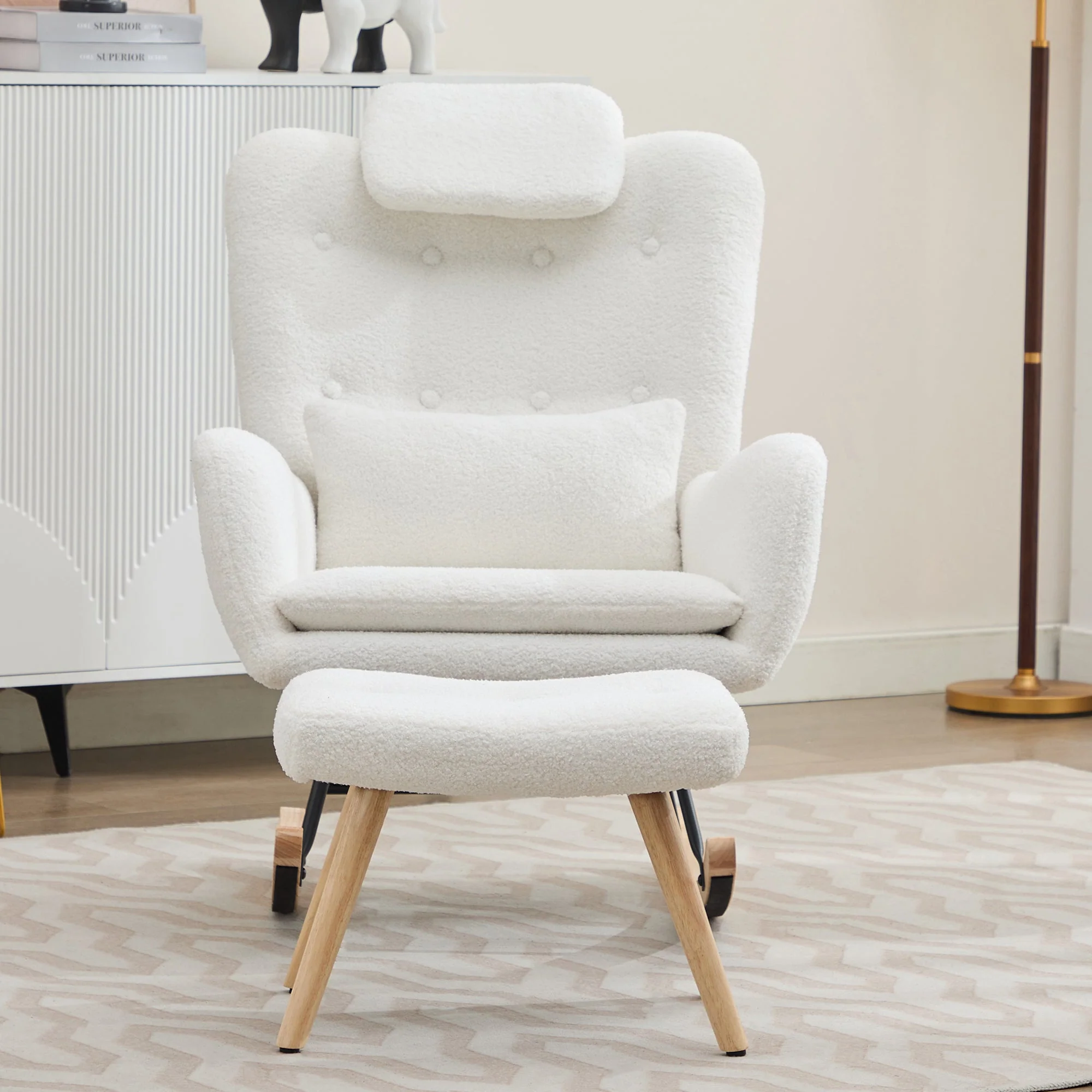 Rocking Chair with Footstool, Armrests Recliner Lounge Chair, Teddy Velvet Fabric - Image 3