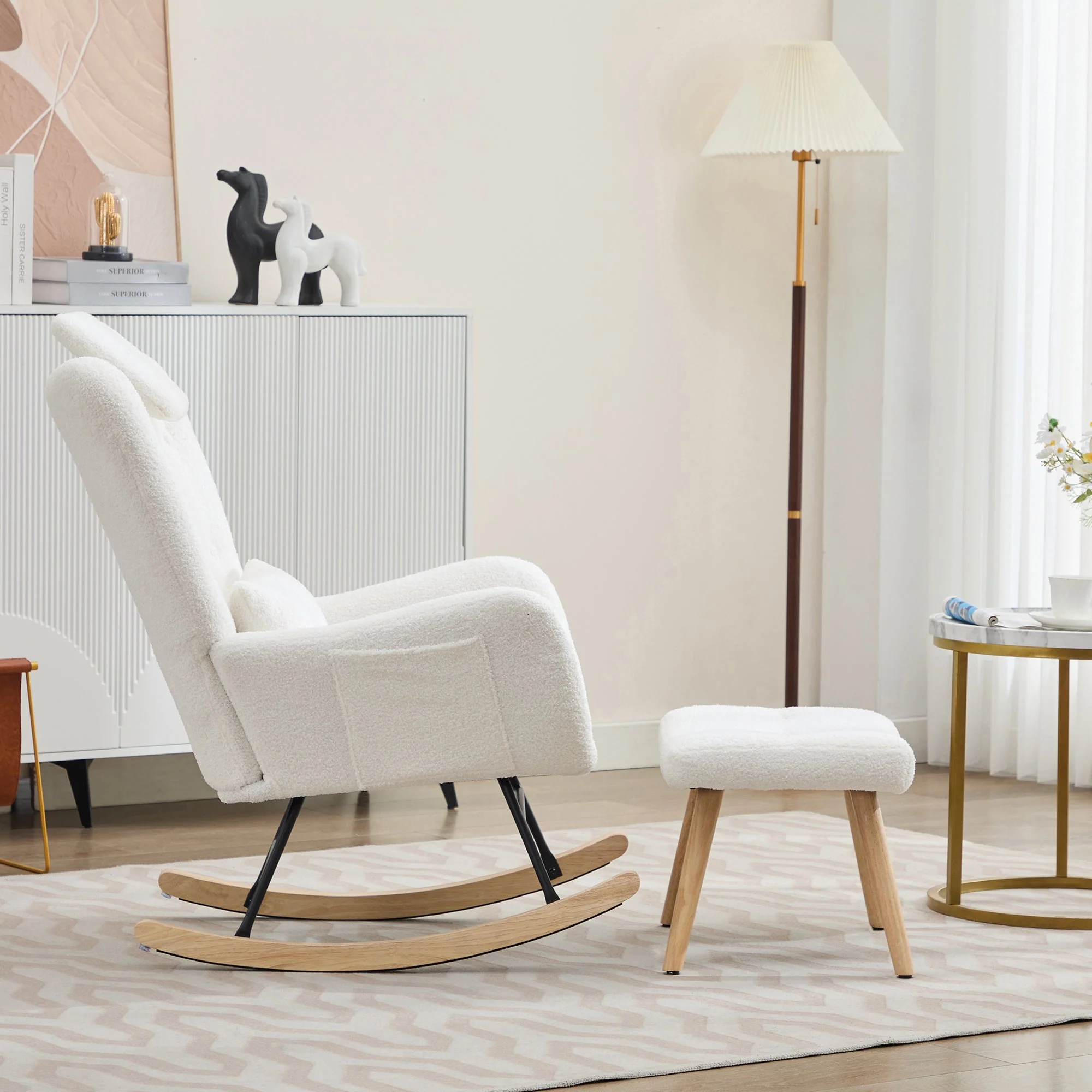 Rocking Chair with Footstool, Armrests Recliner Lounge Chair, Teddy Velvet Fabric - Image 4