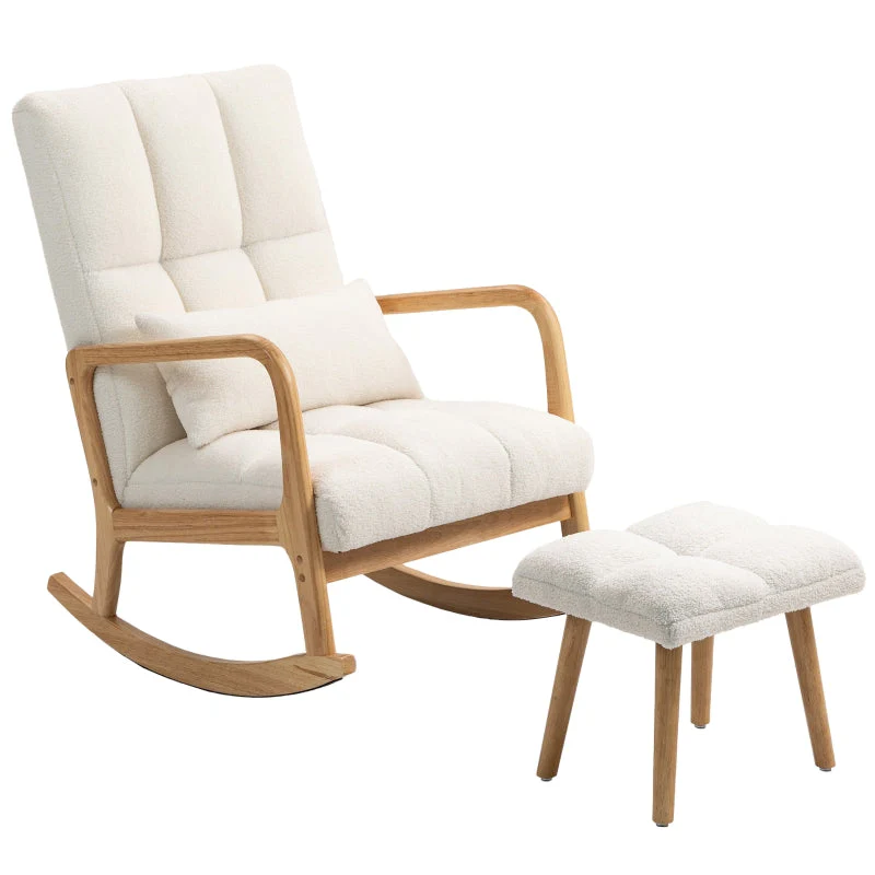 Rocking Chair with Stool, Fleece Cover, Wooden Skids, White