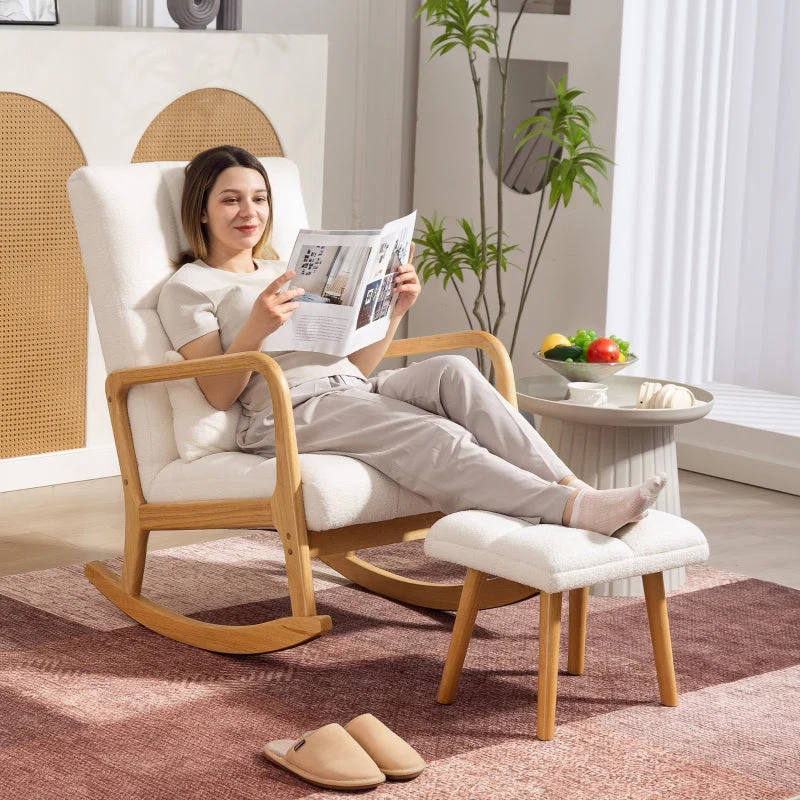 Rocking Chair with Stool, Fleece Cover, Wooden Skids, White - Image 2
