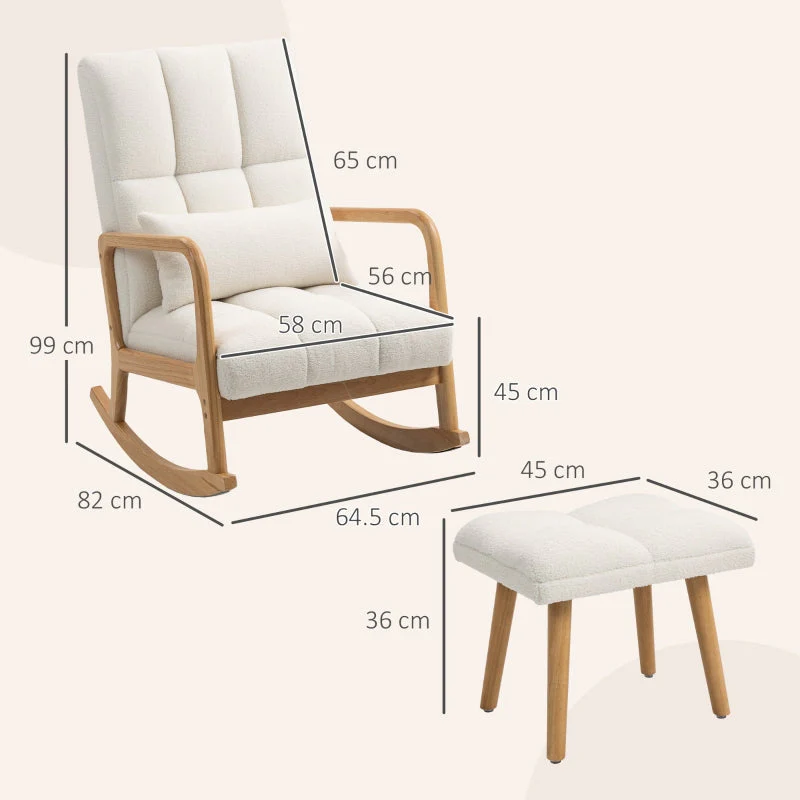Rocking Chair with Stool, Fleece Cover, Wooden Skids, White - Image 3