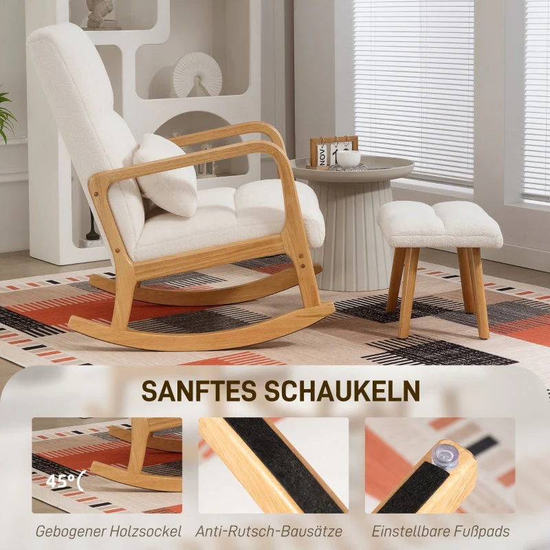 Rocking Chair with Stool, Fleece Cover, Wooden Skids, White - Image 4