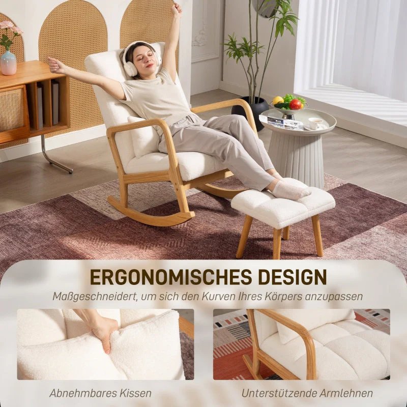 Rocking Chair with Stool, Fleece Cover, Wooden Skids, White - Image 6