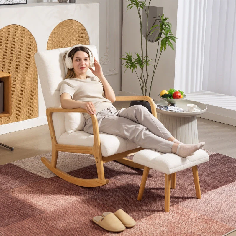 Rocking Chair with Stool, Fleece Cover, Wooden Skids, White - Image 7