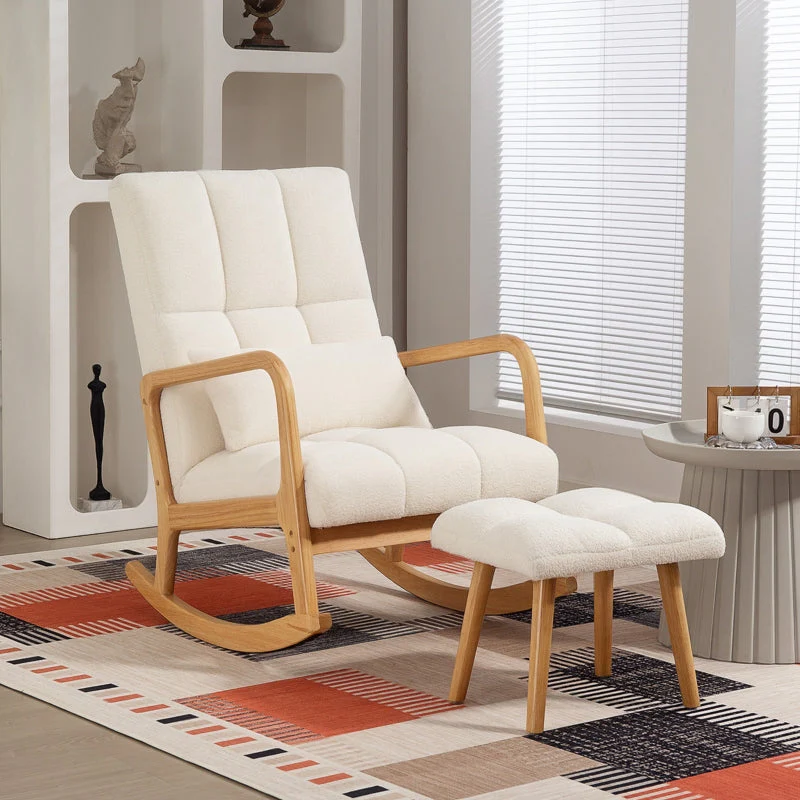 Rocking Chair with Stool, Fleece Cover, Wooden Skids, White - Image 8