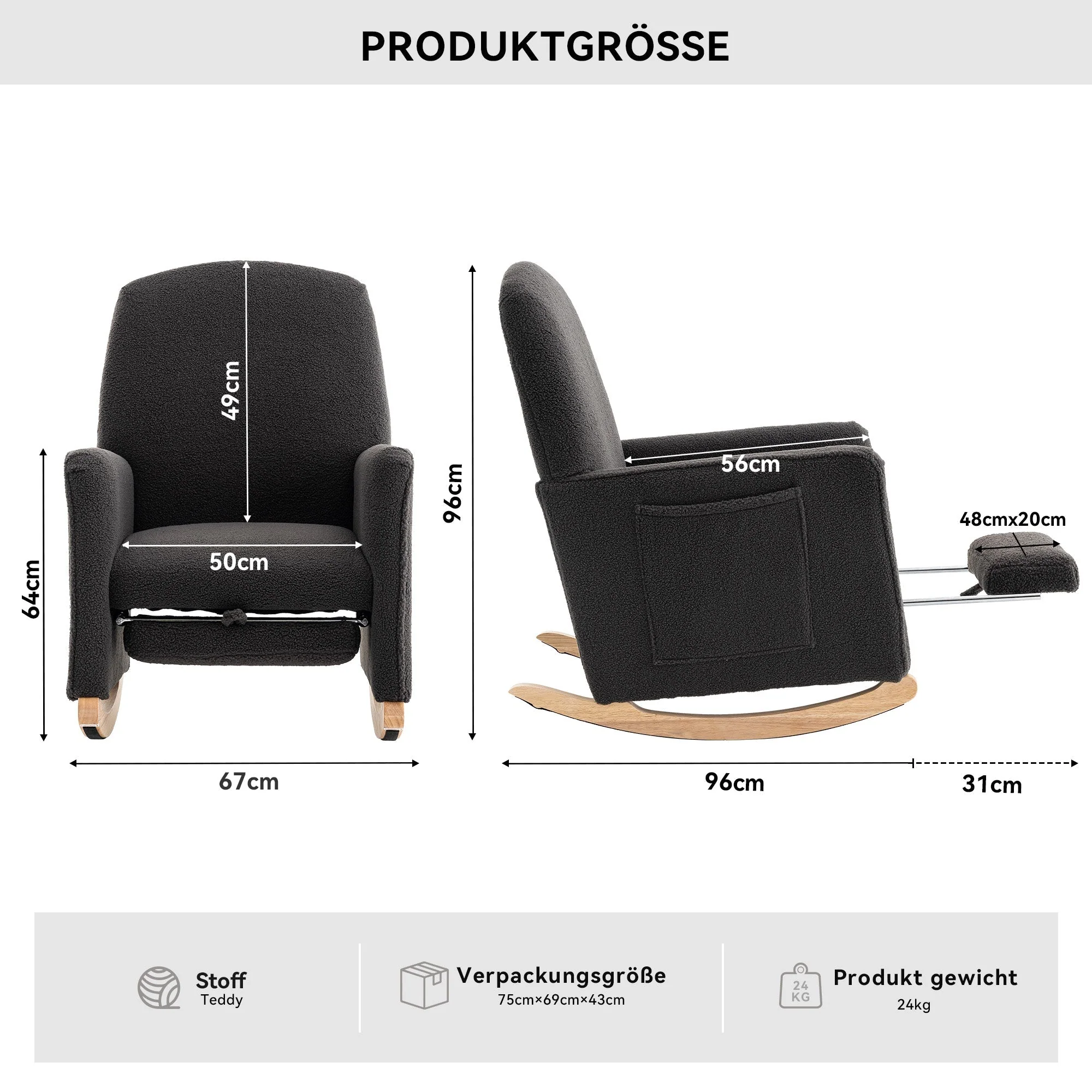 Rocking Chair with Stool, Recliner, High Back, Dark Grey Teddy Fabric - Image 6