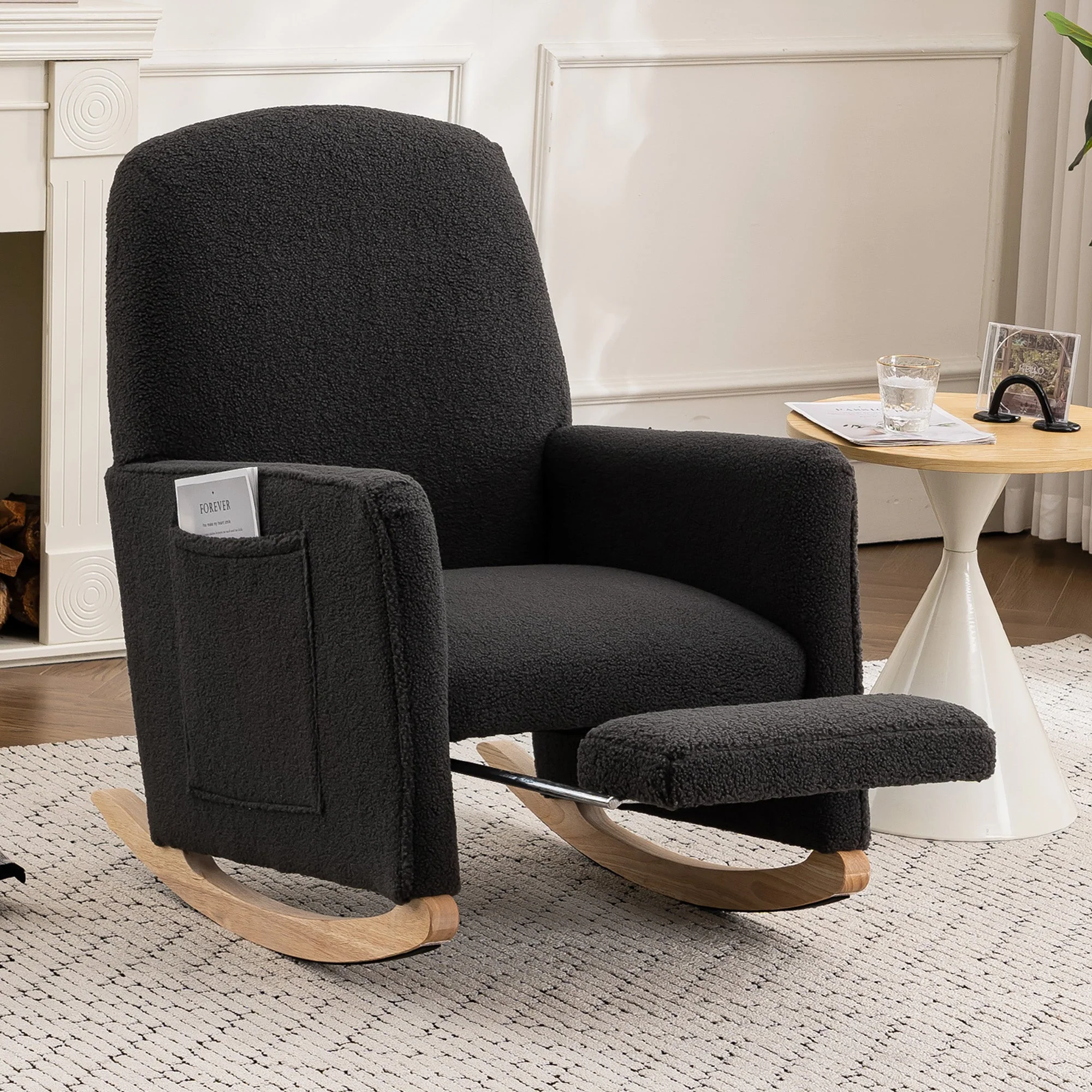 Rocking Chair with Stool, Recliner, High Back, Dark Grey Teddy Fabric - Image 9