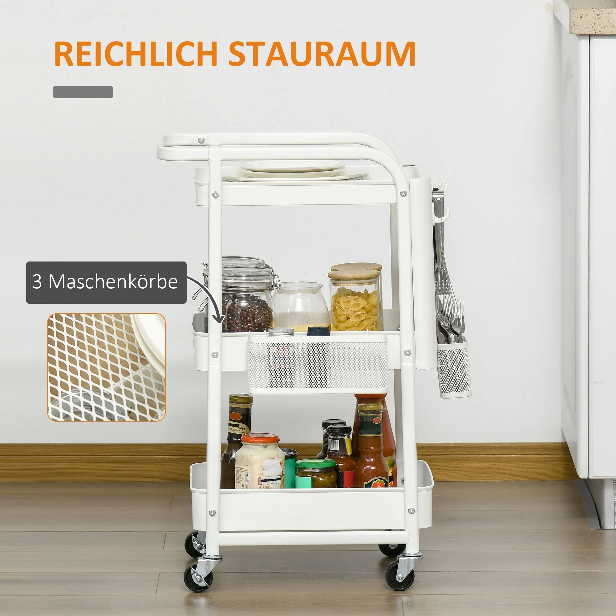 Rolling Cart, 3-Tier Kitchen Shelf with Wheels, Steel White - Image 4