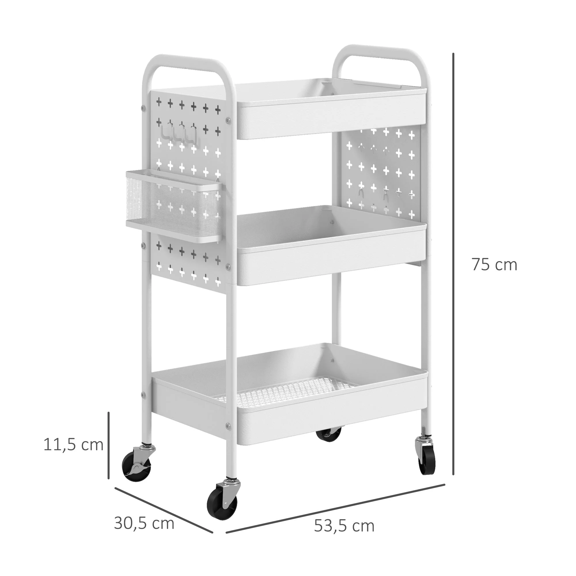 Rolling Cart, 3 Tiers, 2 Hanging Baskets, Steel, White - Image 3
