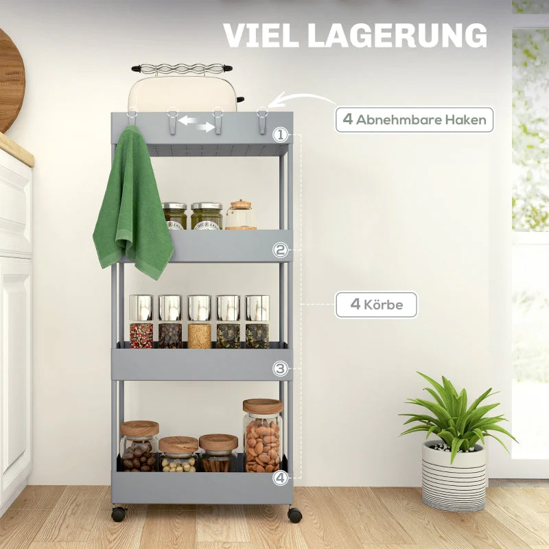 Rolling Cart, 4-Tier Shelf with Wheels and Brakes, Plastic, Gray - Image 4
