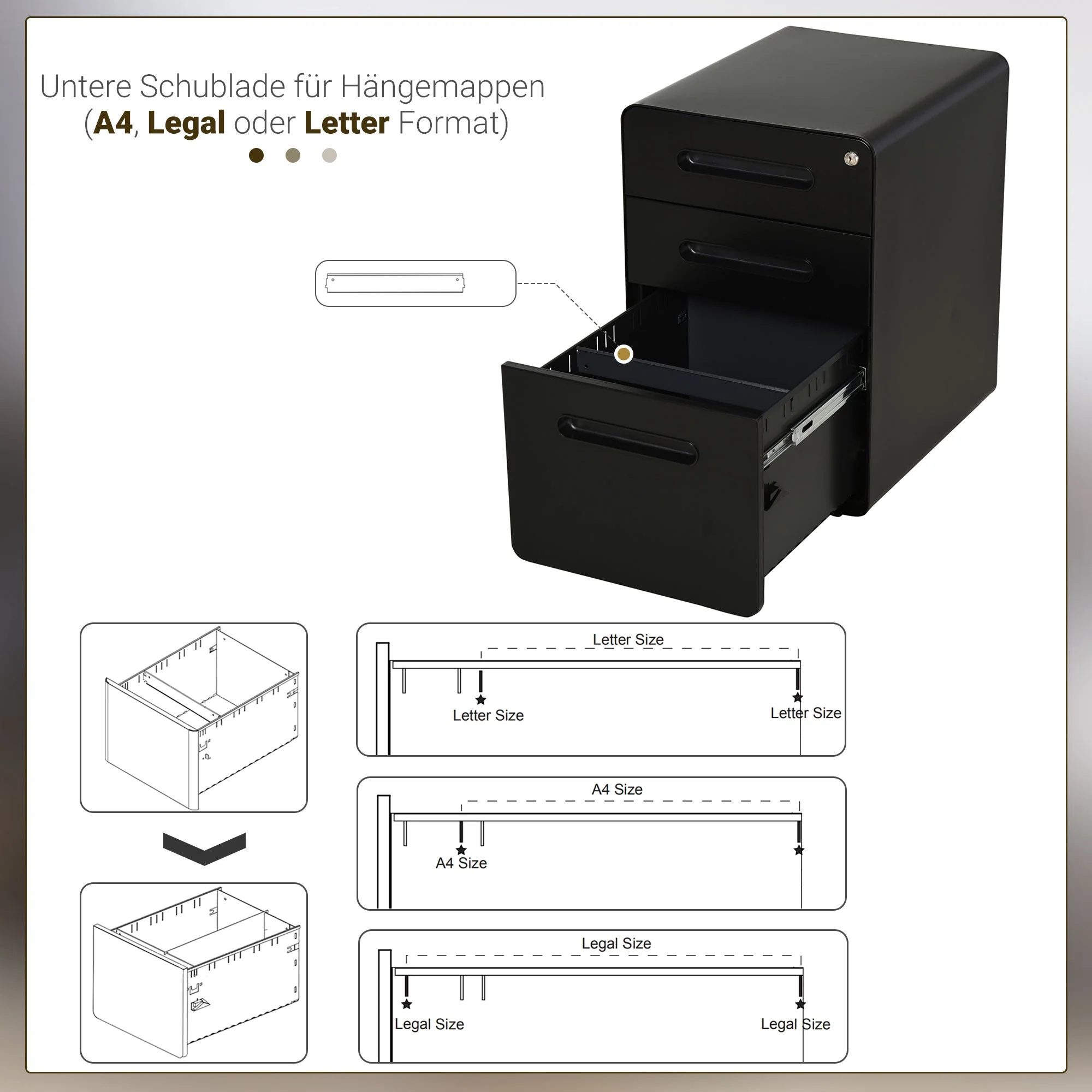 Rolling File Cabinet, 3-Drawer Office Container Steel Black - Image 6